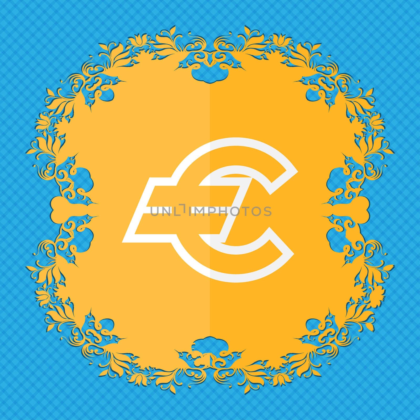 Euro EUR. Floral flat design on a blue abstract background with place for your text.  by serhii_lohvyniuk