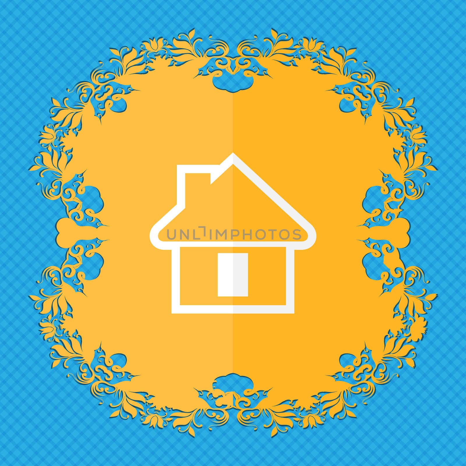 House. Floral flat design on a blue abstract background with place for your text.  by serhii_lohvyniuk