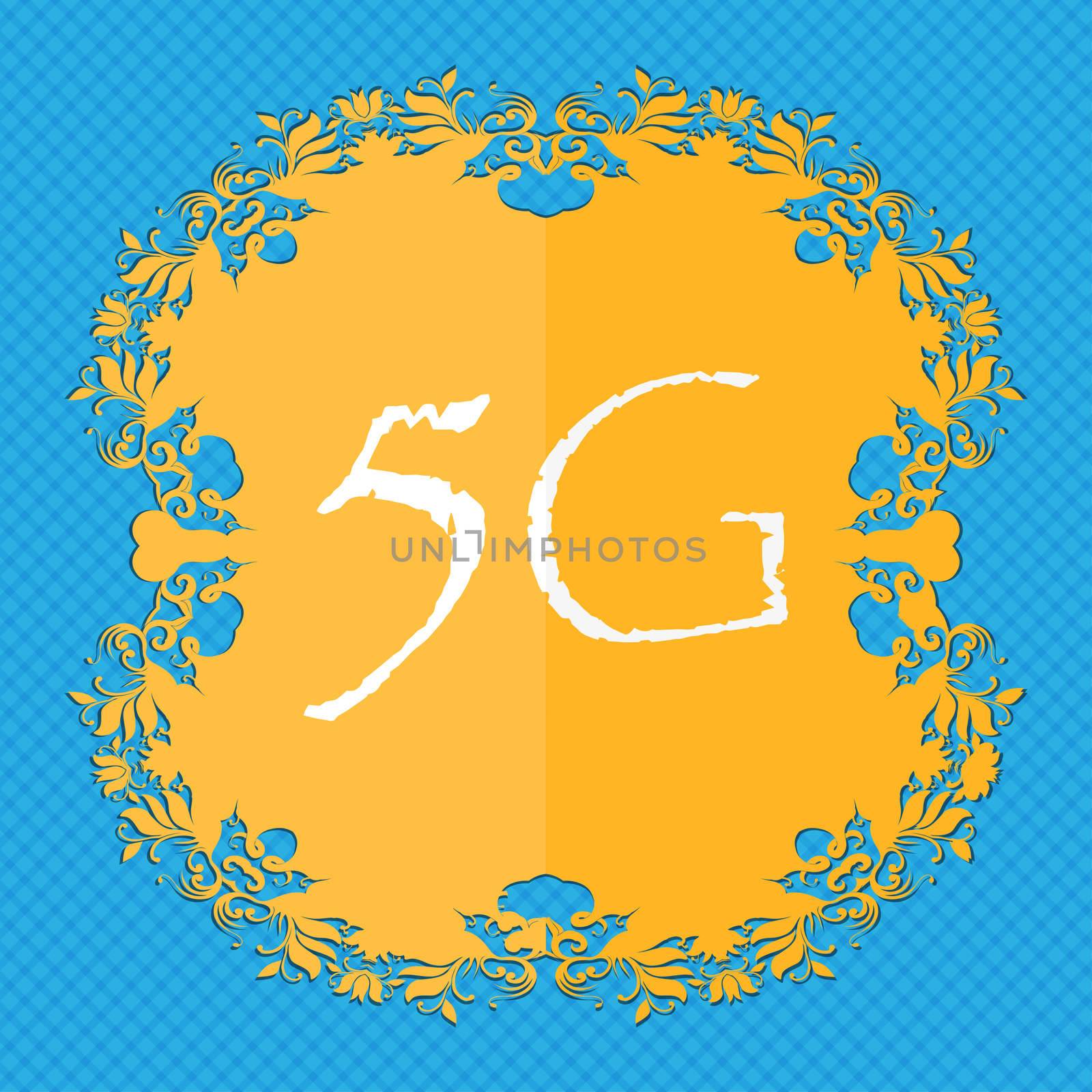 5G sign icon. Mobile telecommunications technology symbol. Floral flat design on a blue abstract background with place for your text. illustration