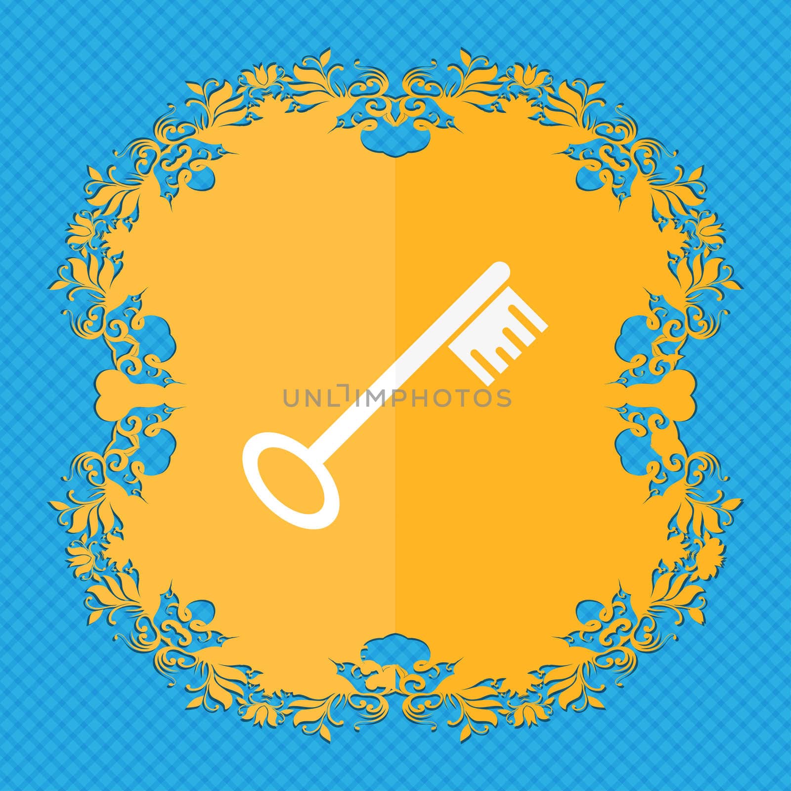 Key icon sign. Floral flat design on a blue abstract background with place for your text. illustration