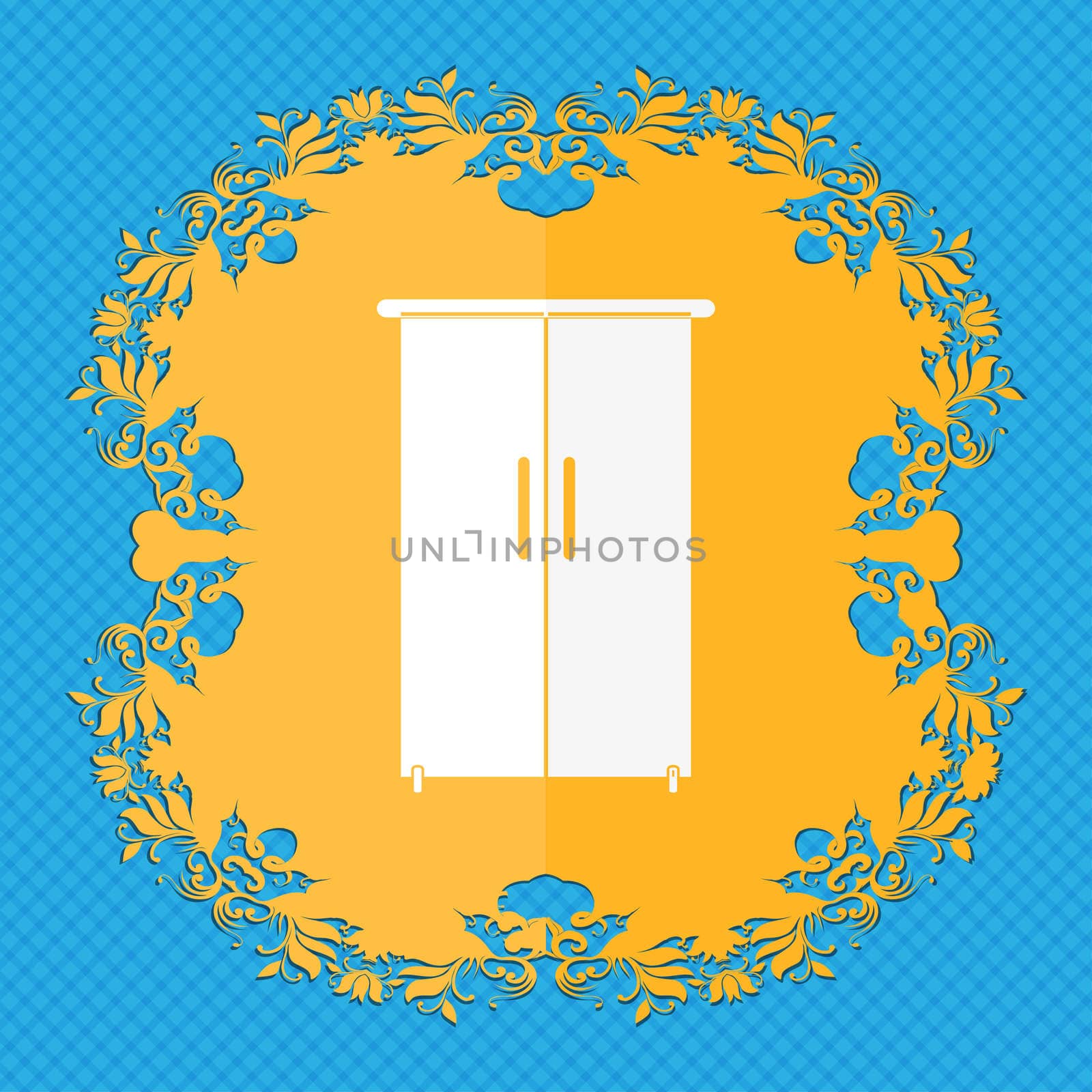 Cupboard icon sign. Floral flat design on a blue abstract background with place for your text.  by serhii_lohvyniuk