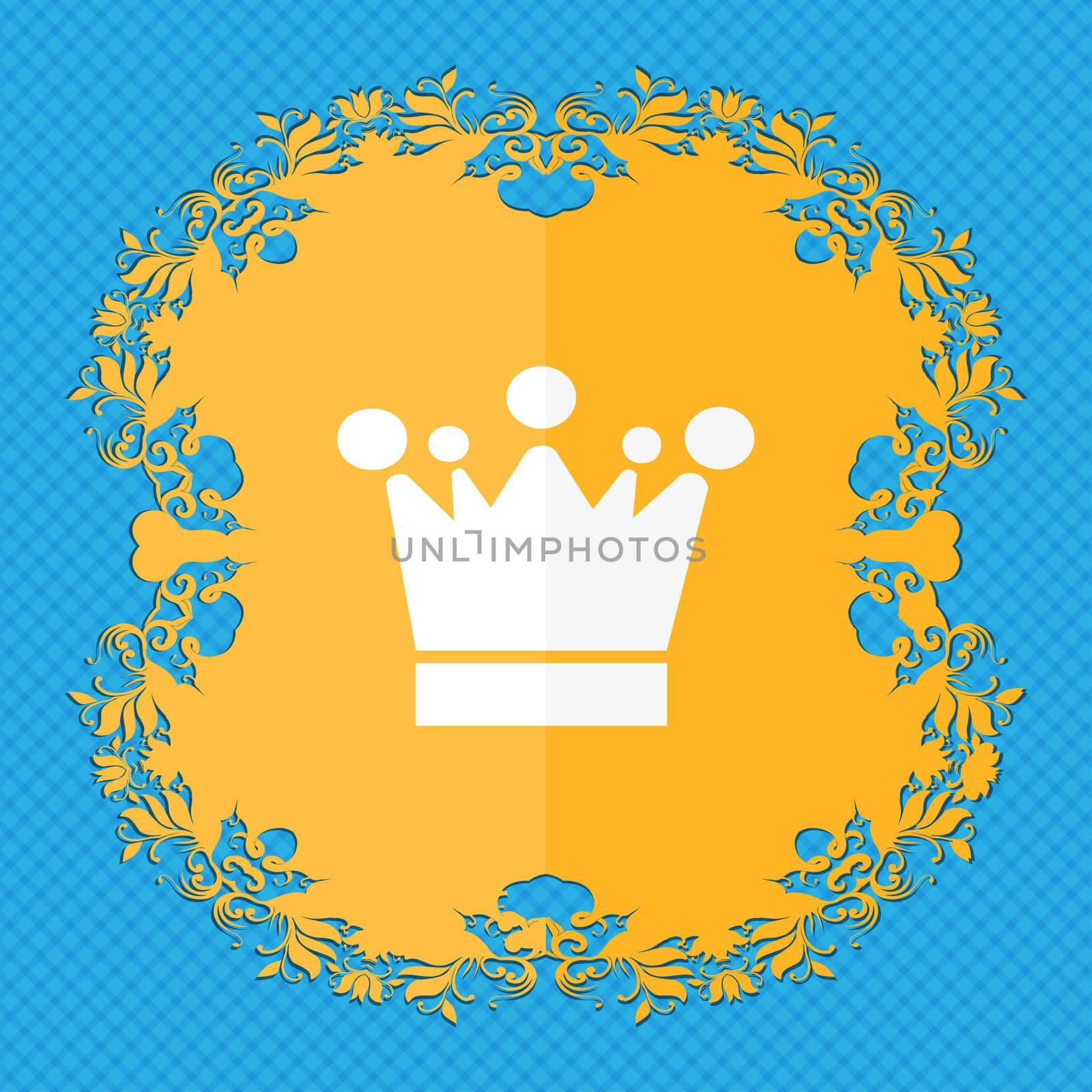 Crown icon sign. Floral flat design on a blue abstract background with place for your text. illustration