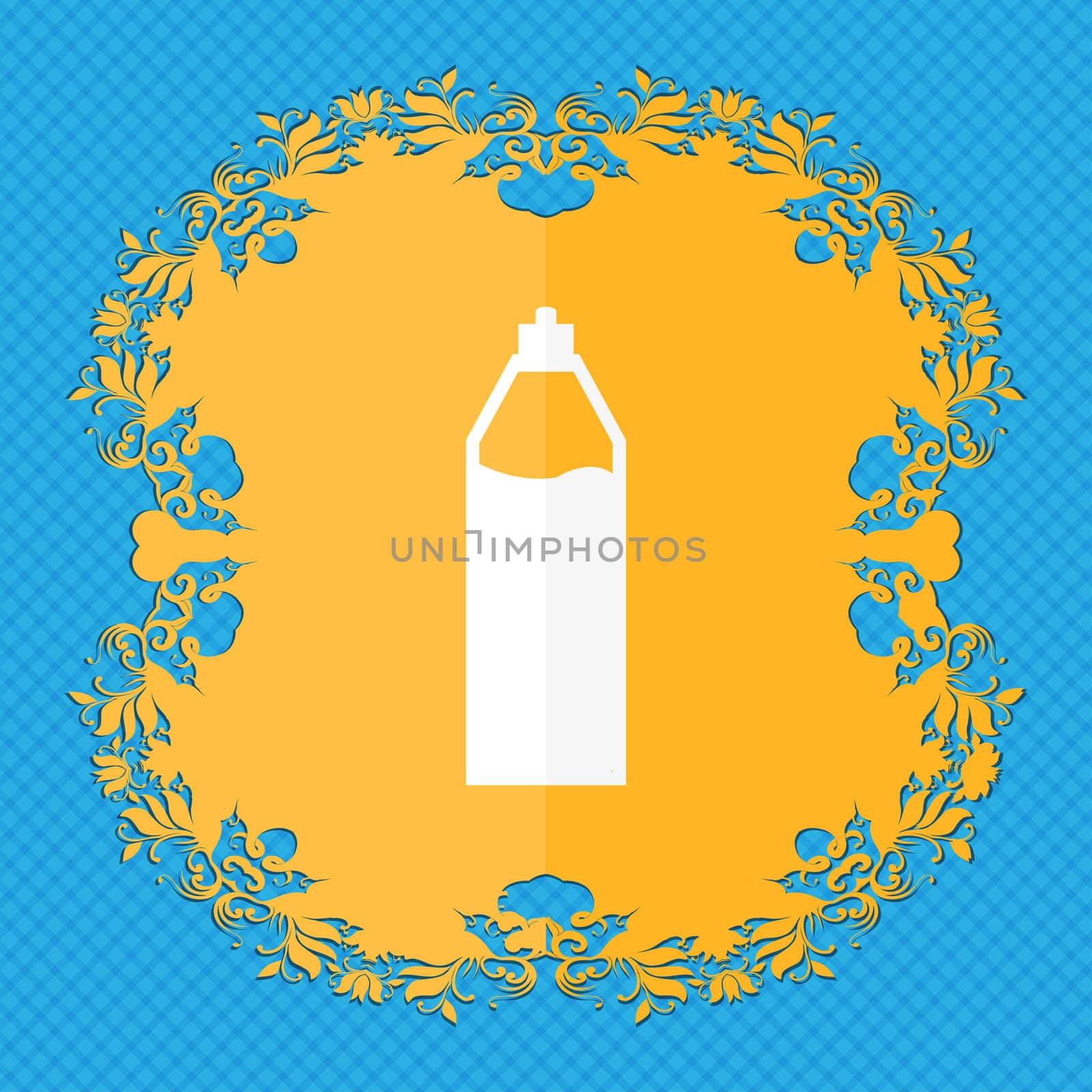 Plastic bottle with drink icon sign. Floral flat design on a blue abstract background with place for your text.  by serhii_lohvyniuk