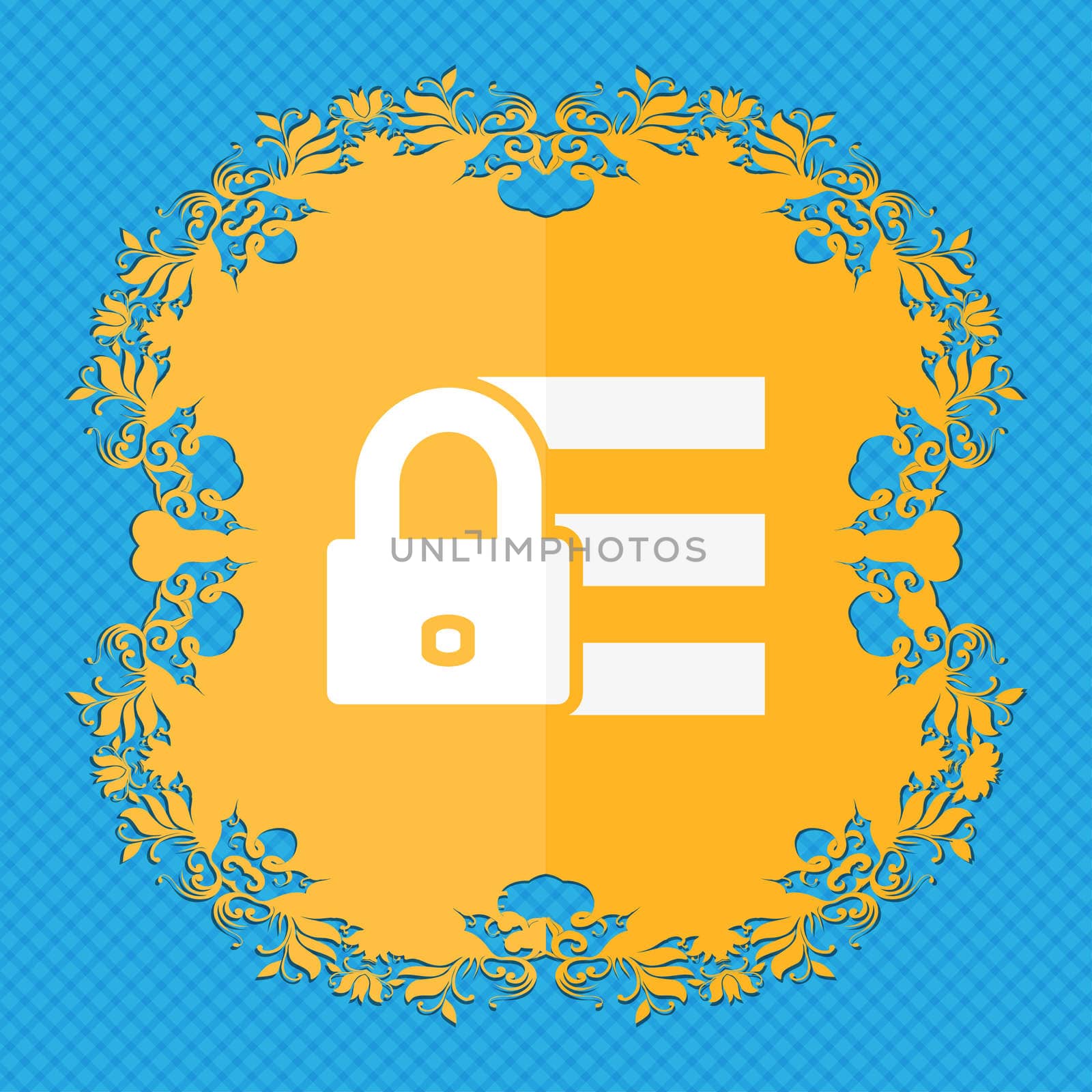 Lock, login icon sign. Floral flat design on a blue abstract background with place for your text.  by serhii_lohvyniuk