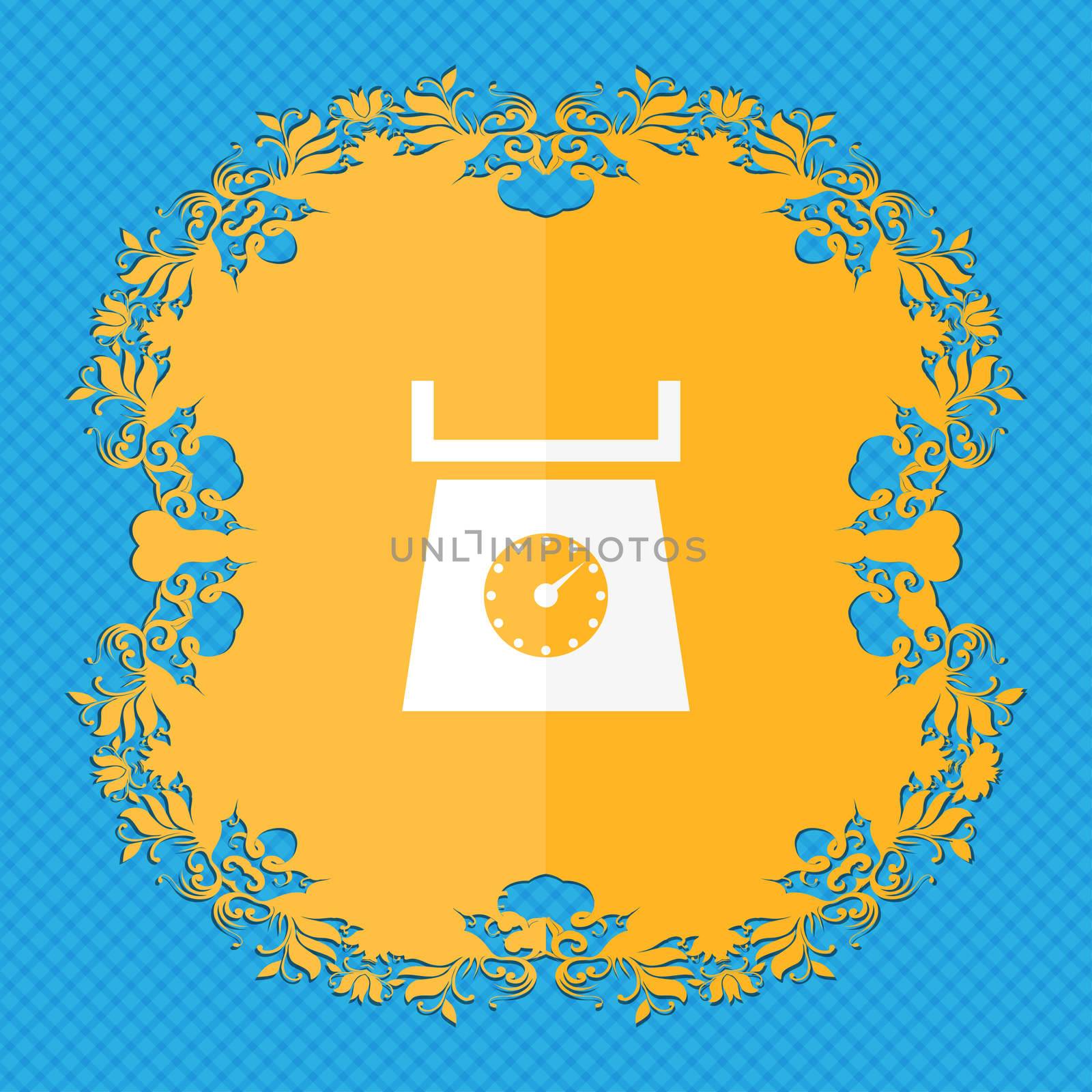 kitchen scales icon sign. Floral flat design on a blue abstract background with place for your text.  by serhii_lohvyniuk