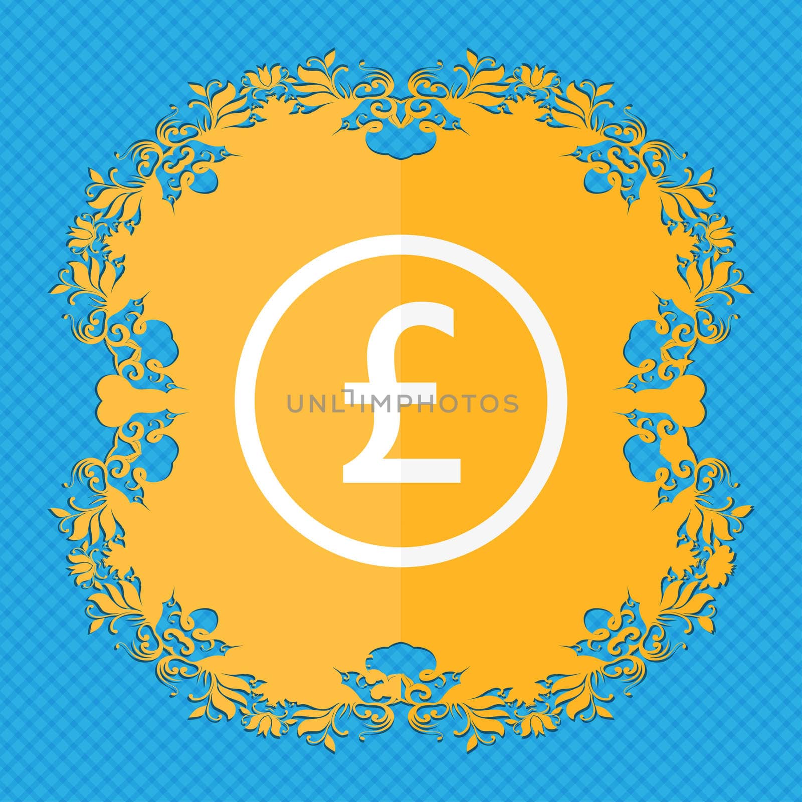 Pound sterling icon sign. Floral flat design on a blue abstract background with place for your text. illustration