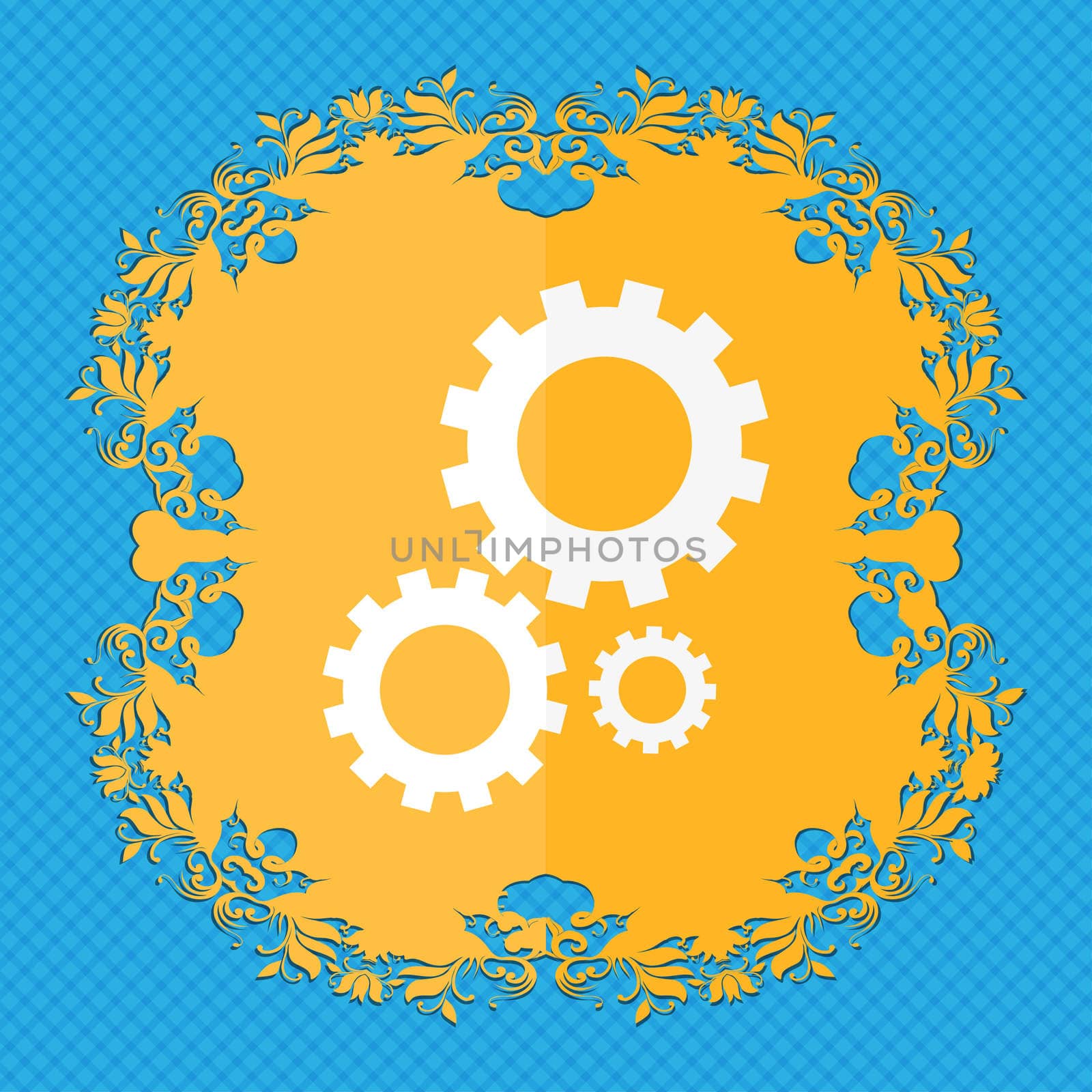 Cog settings sign icon. Cogwheel gear mechanism symbol. Floral flat design on a blue abstract background with place for your text. illustration