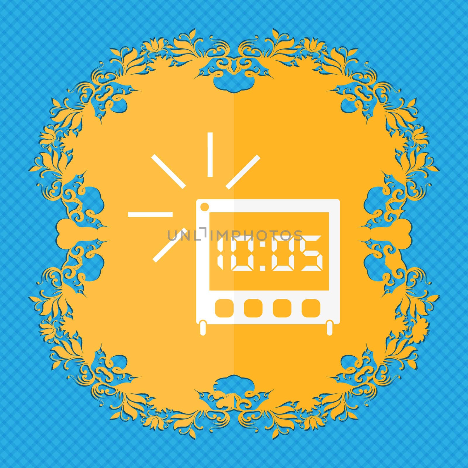 digital Alarm Clock icon sign. Floral flat design on a blue abstract background with place for your text.  by serhii_lohvyniuk