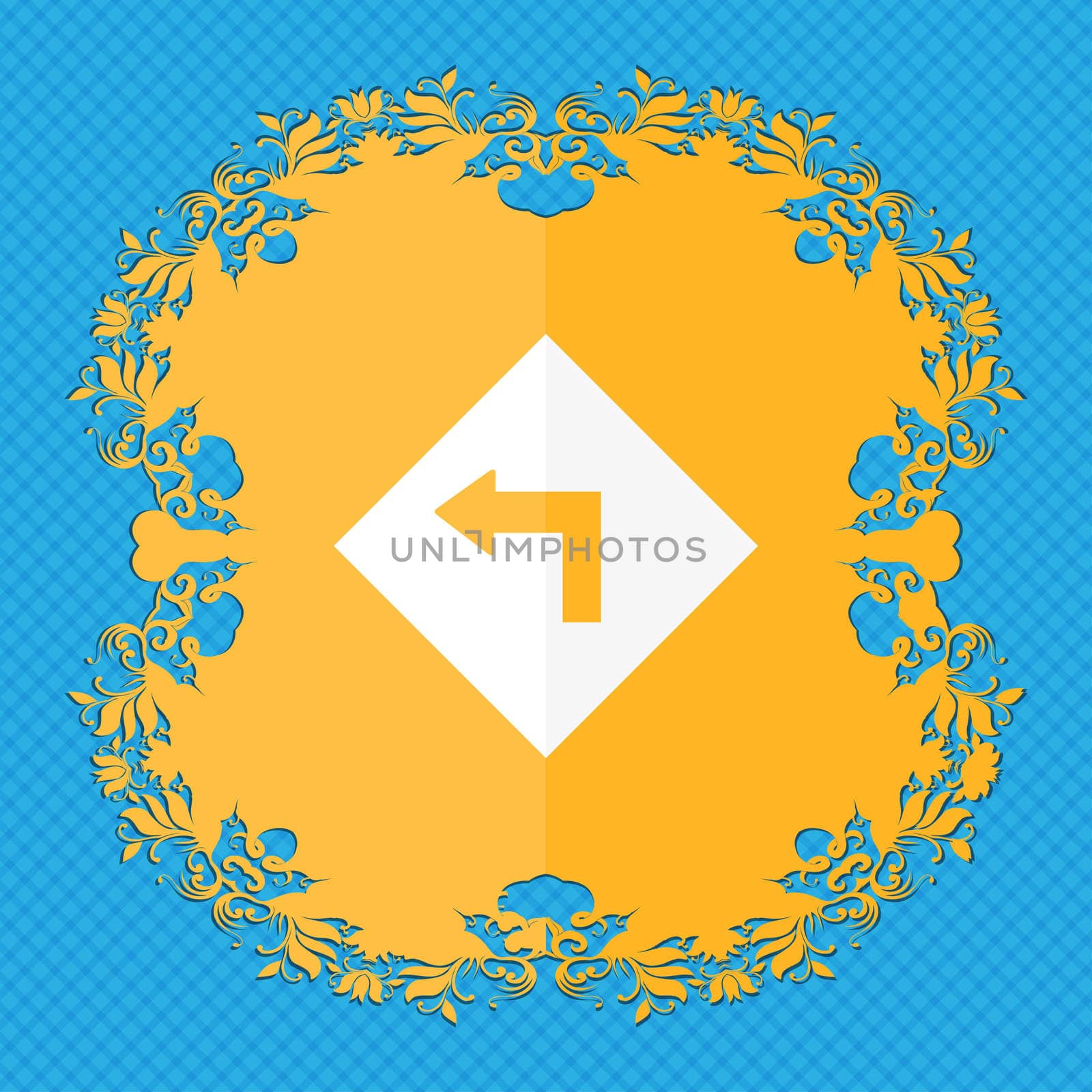 Road sign warning of dangerous left curve icon sign. Floral flat design on a blue abstract background with place for your text. illustration