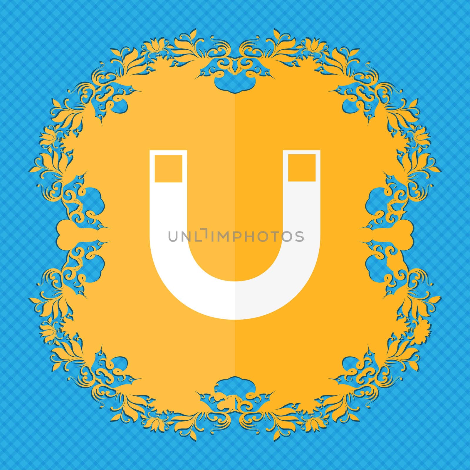 magnet sign icon. horseshoe it symbol. Repair sig. Floral flat design on a blue abstract background with place for your text. illustration