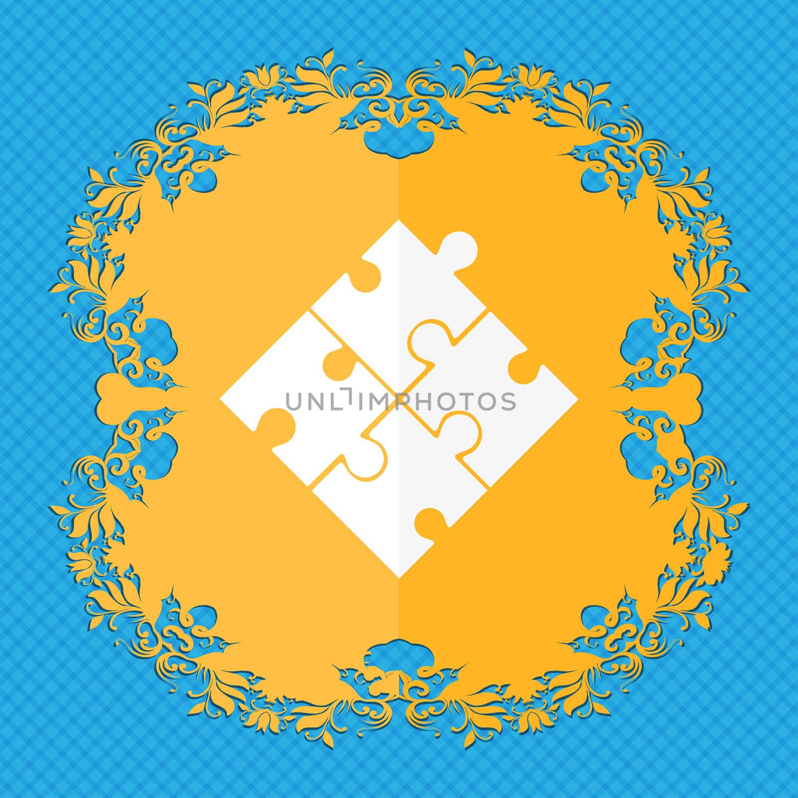 Puzzle piece icon sign. Floral flat design on a blue abstract background with place for your text. illustration