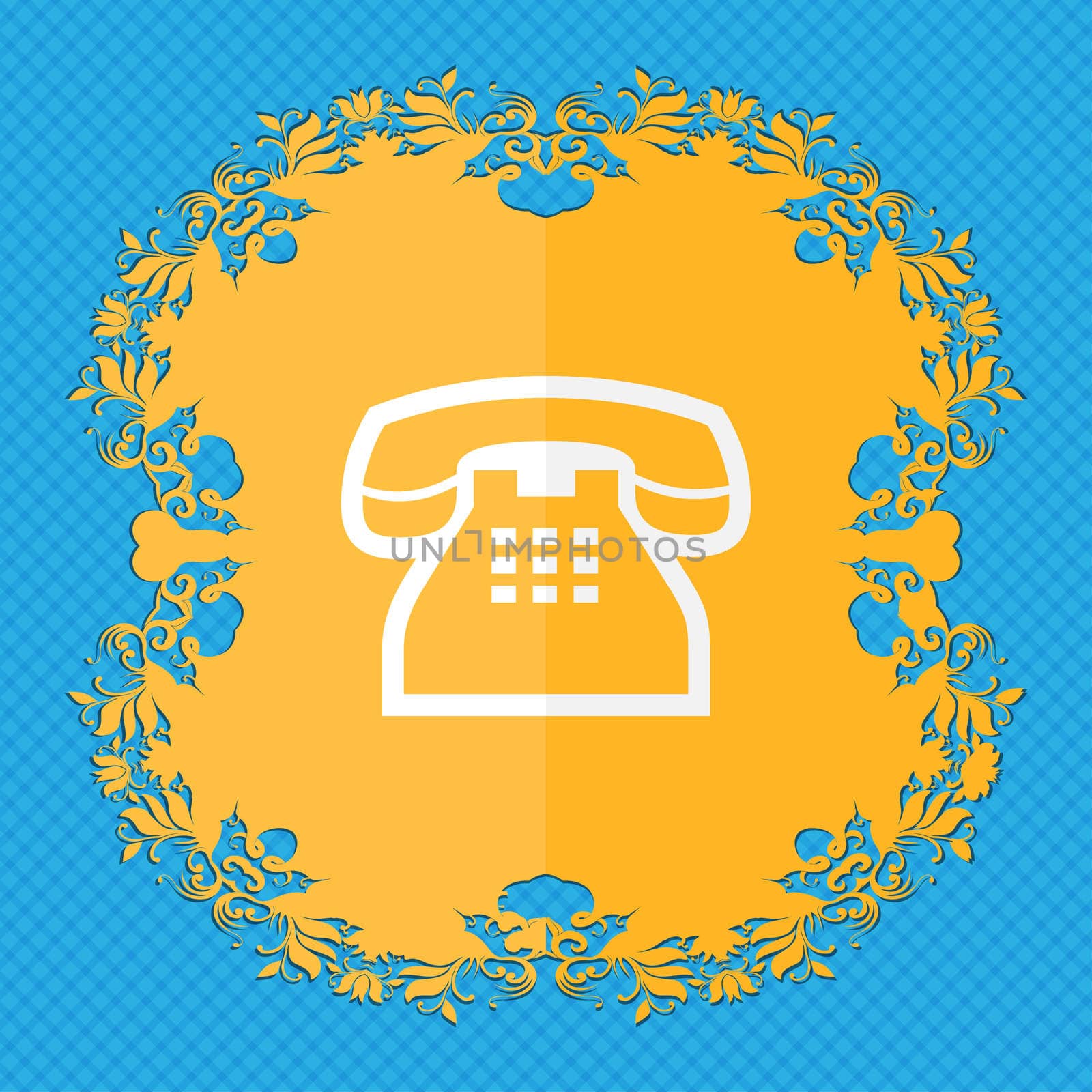 retro telephone handset. Floral flat design on a blue abstract background with place for your text. illustration