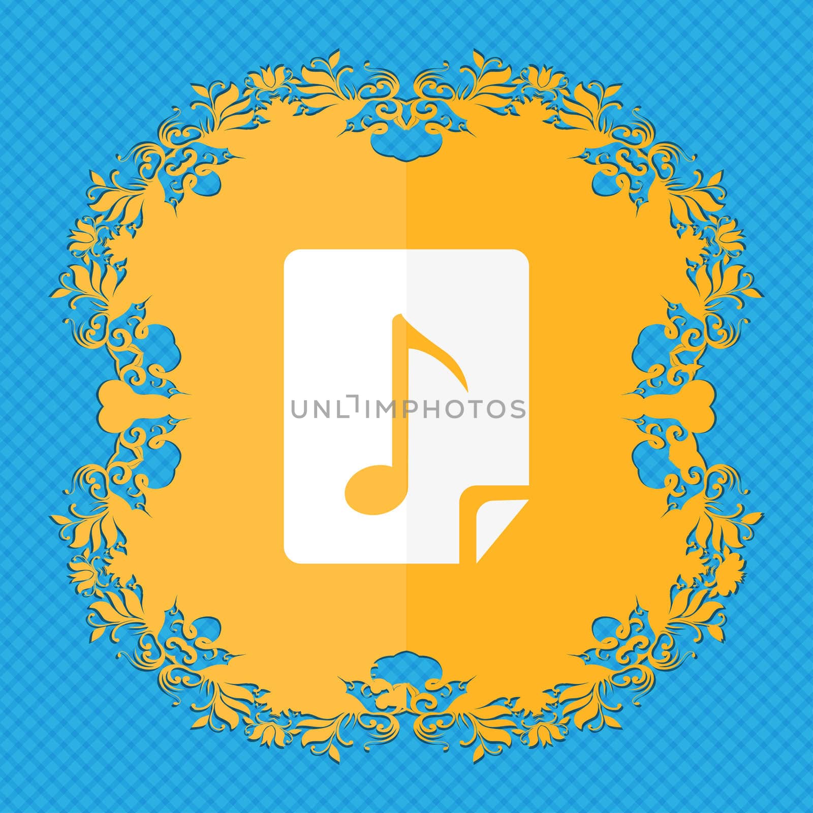 Audio, MP3 file icon sign. Floral flat design on a blue abstract background with place for your text.  by serhii_lohvyniuk