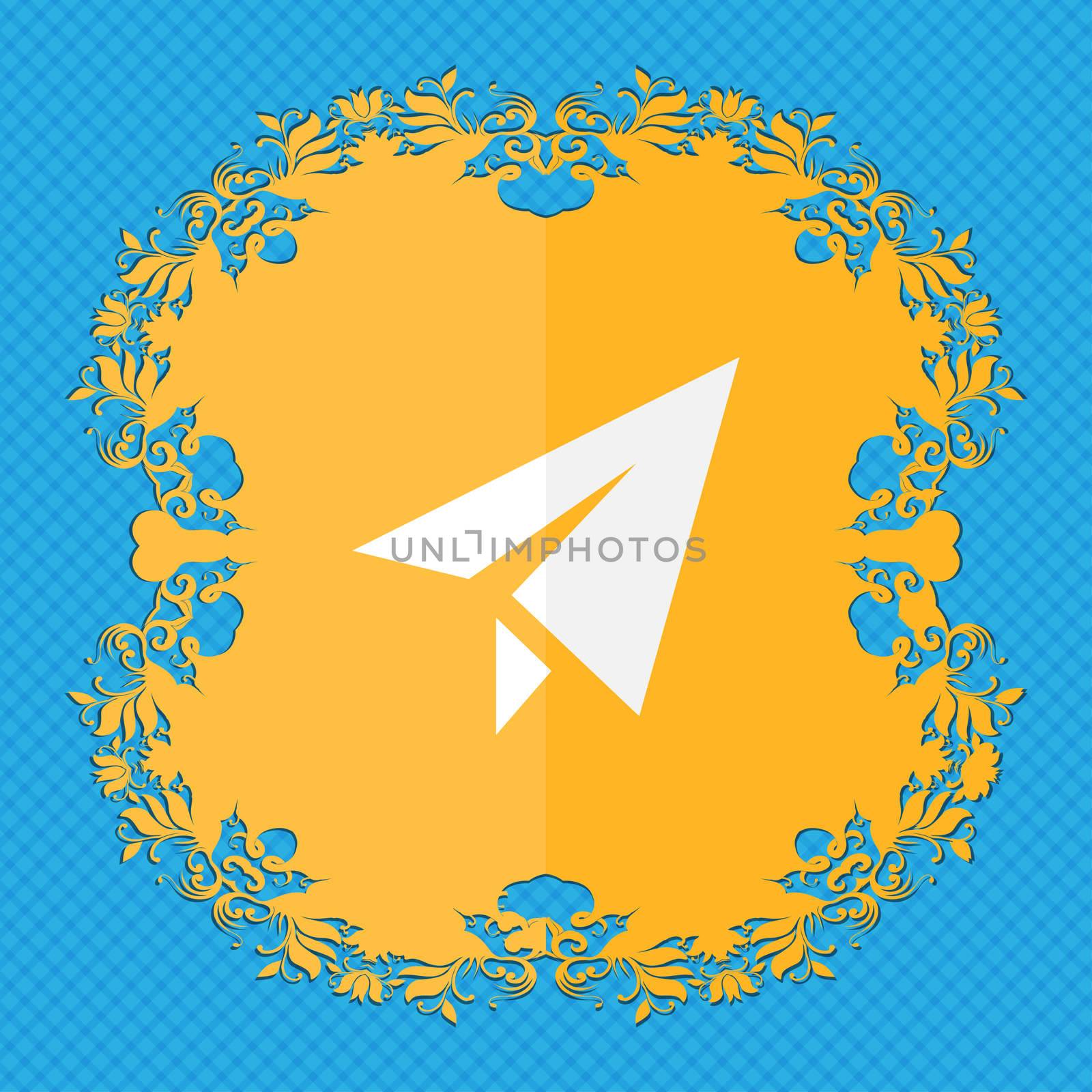 Paper airplane. Floral flat design on a blue abstract background with place for your text.  by serhii_lohvyniuk