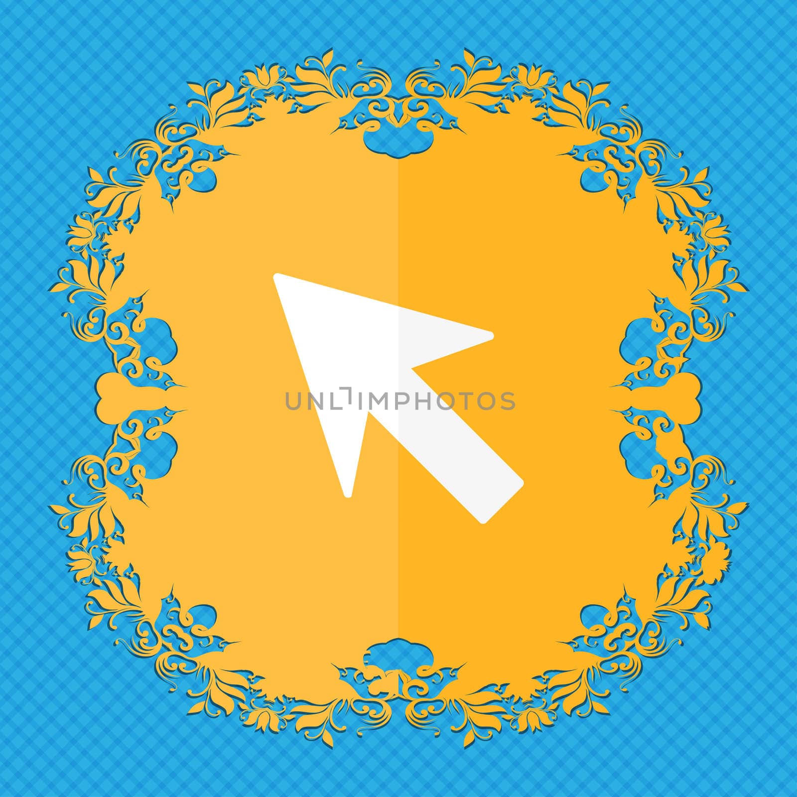 Cursor, arrow icon sign. Floral flat design on a blue abstract background with place for your text. illustration