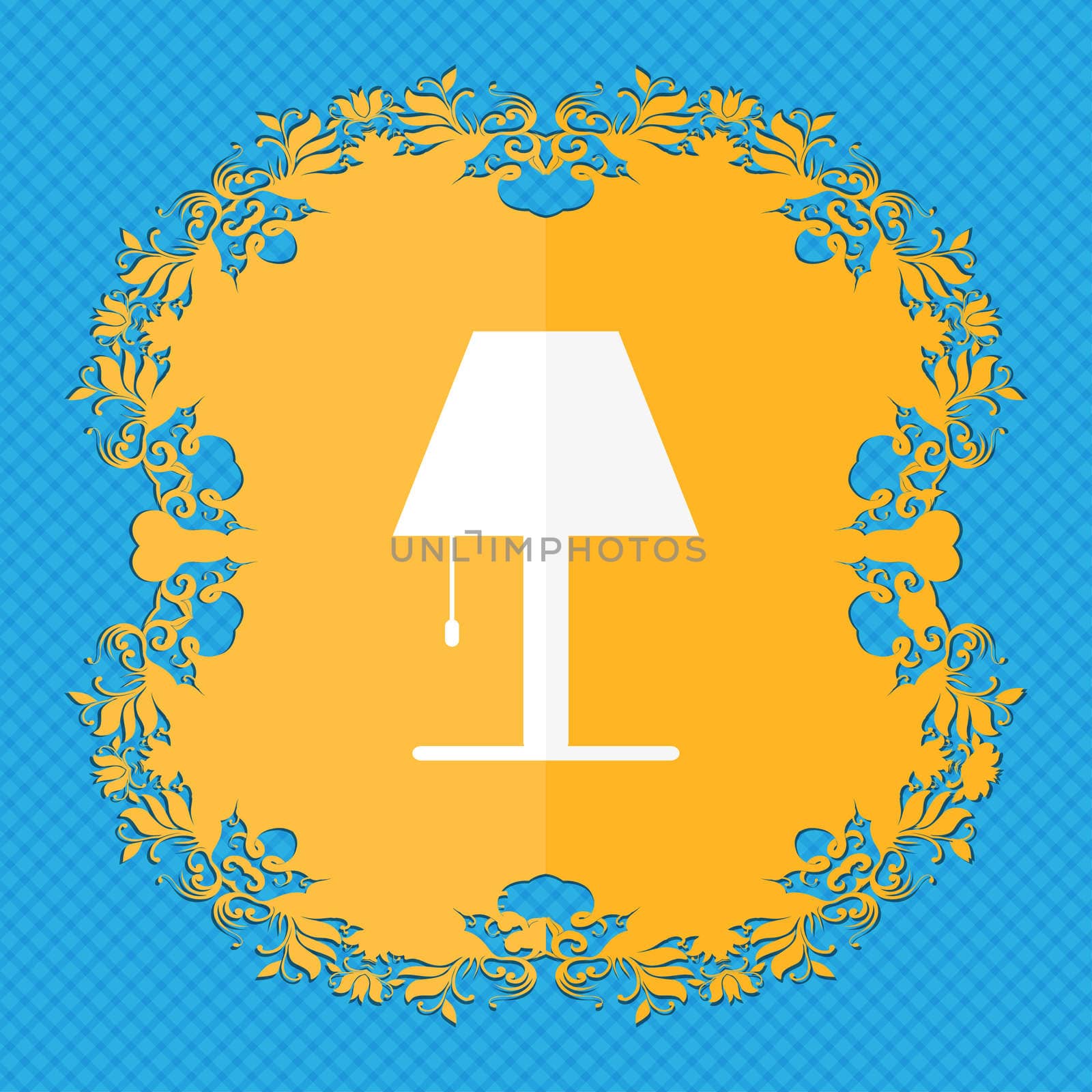 Lamp icon sign. Floral flat design on a blue abstract background with place for your text.  by serhii_lohvyniuk