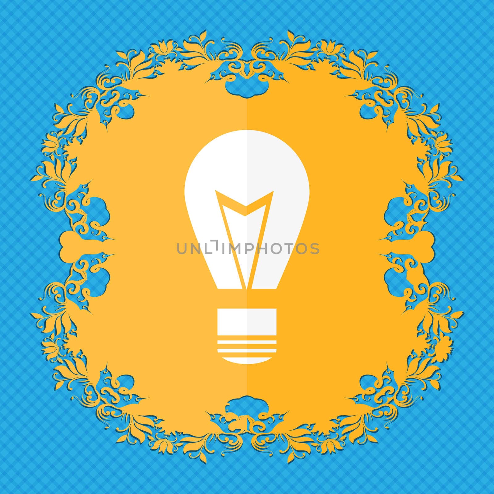 Light lamp sign icon. Idea symbol. Lightis on. Floral flat design on a blue abstract background with place for your text. illustration