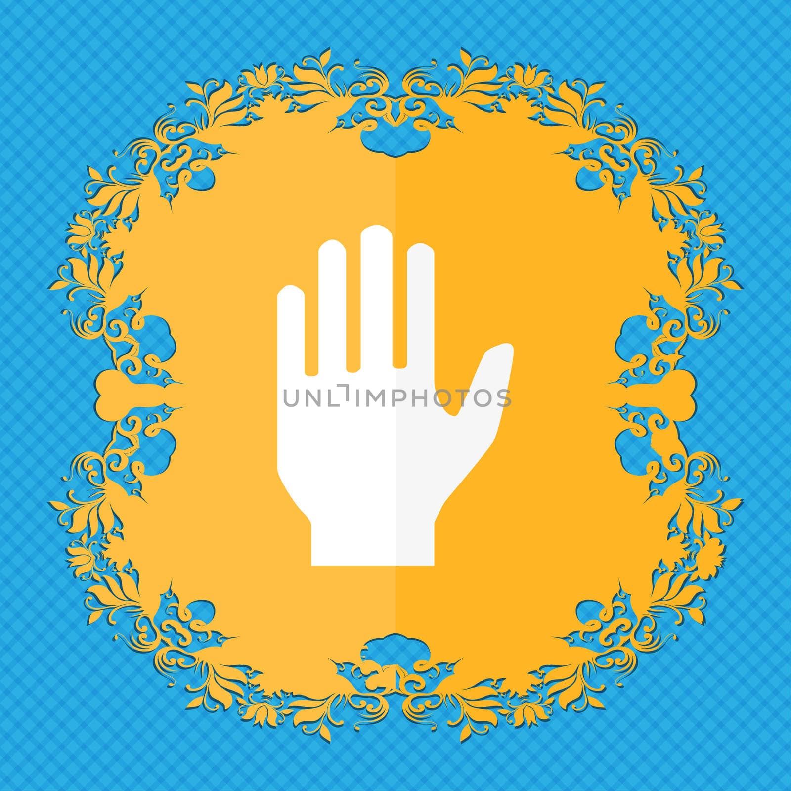 Hand print sign icon. Stop symbol. Floral flat design on a blue abstract background with place for your text.  by serhii_lohvyniuk