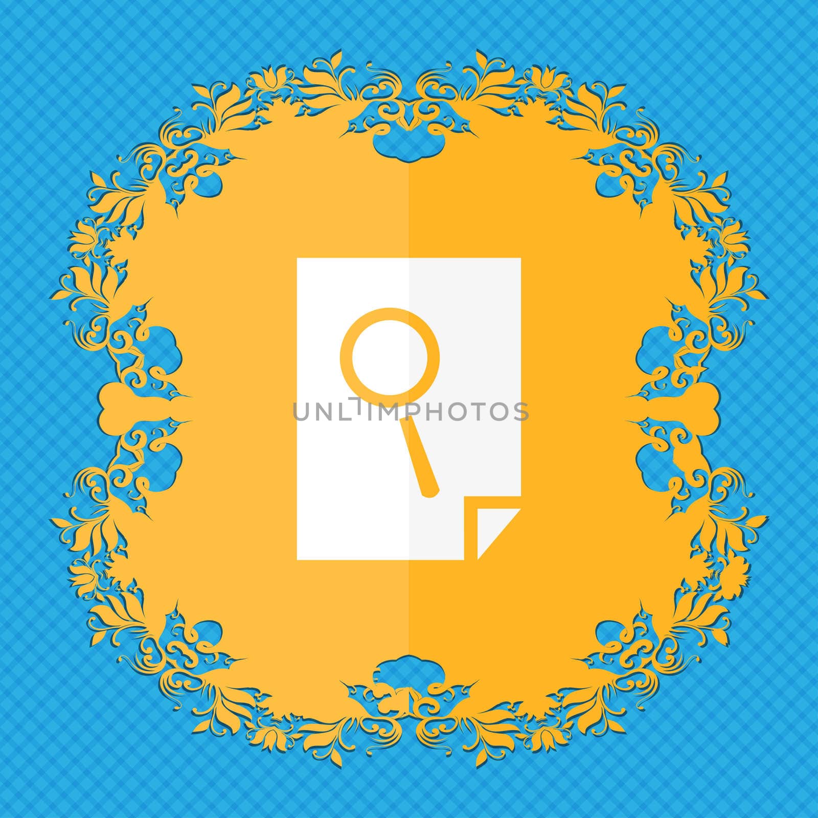 Search in file sign icon. Find document symbol. Floral flat design on a blue abstract background with place for your text.  by serhii_lohvyniuk