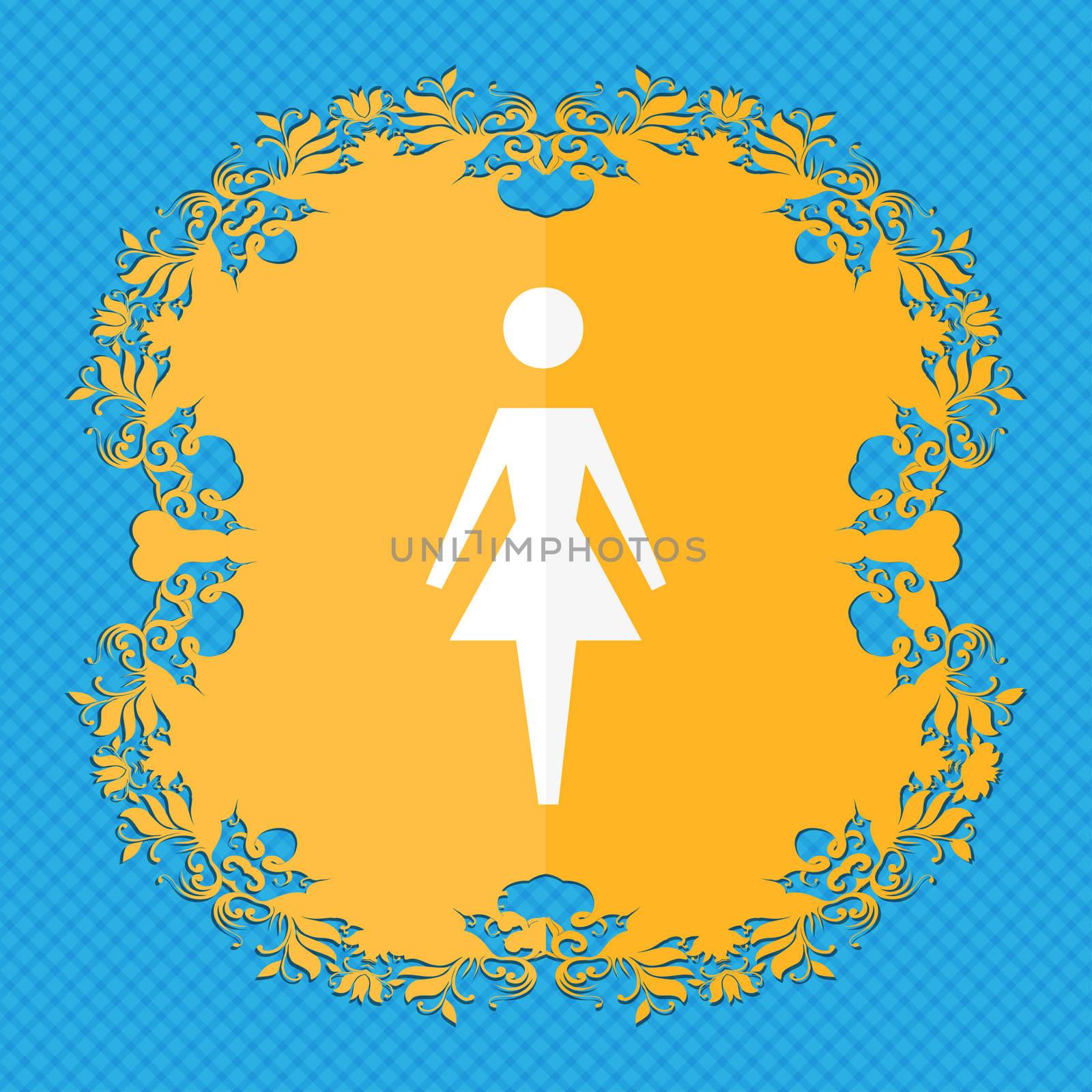 Female sign icon. Woman human symbol. Women toilet. Floral flat design on a blue abstract background with place for your text. illustration