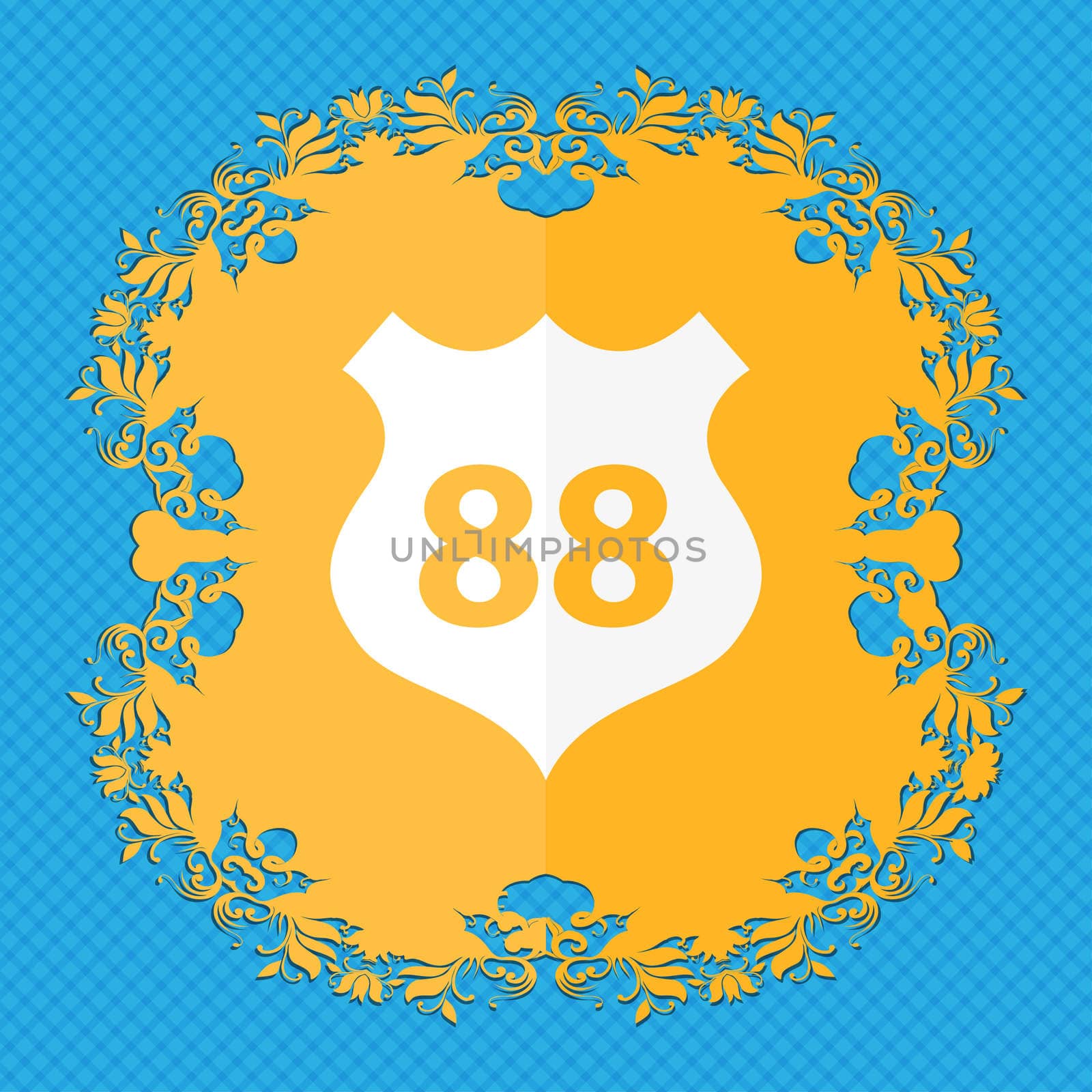 Route 88 highway icon sign. Floral flat design on a blue abstract background with place for your text. illustration