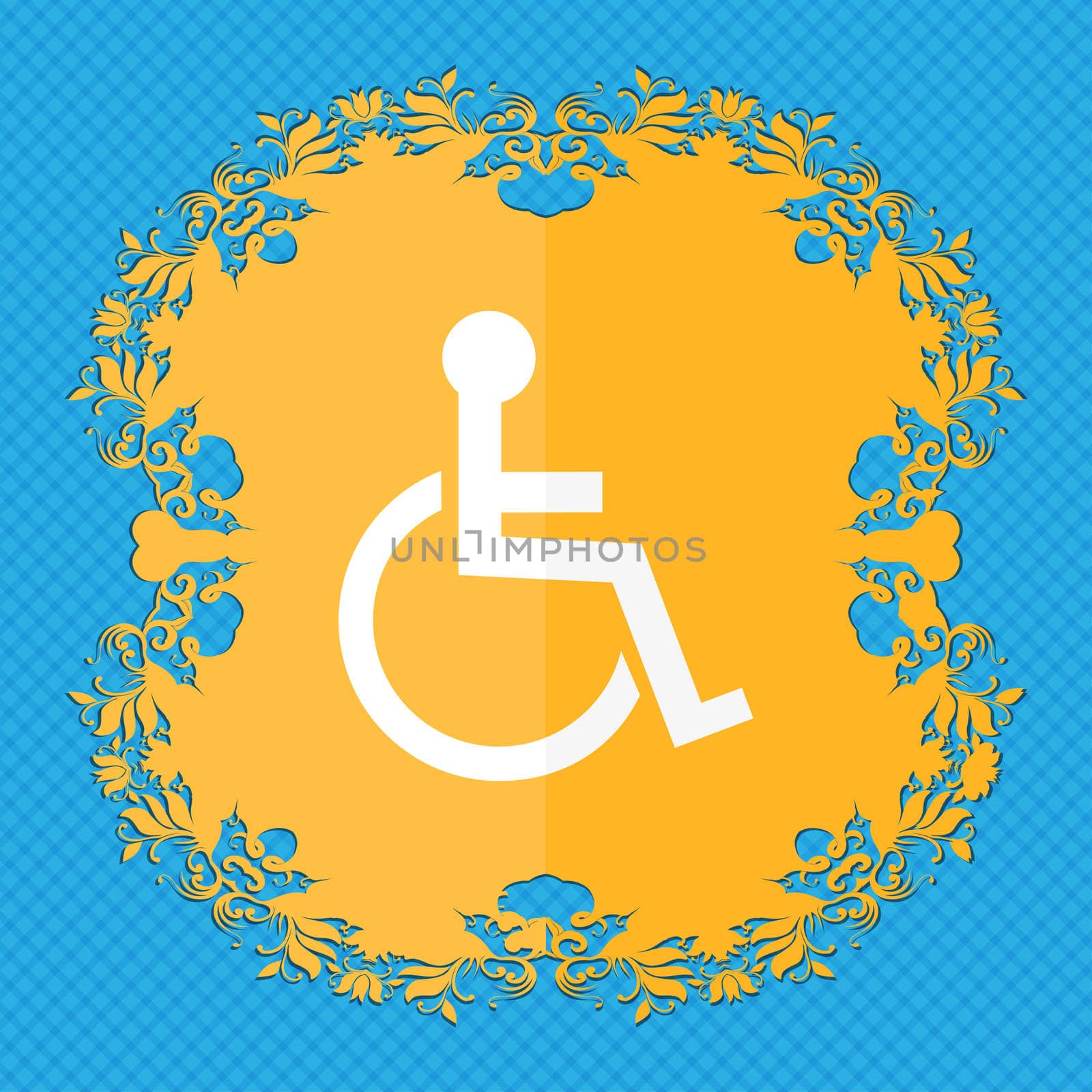 Disabled sign icon. Human on wheelchair symbol. Handicapped invalid sign. Floral flat design on a blue abstract background with place for your text. illustration