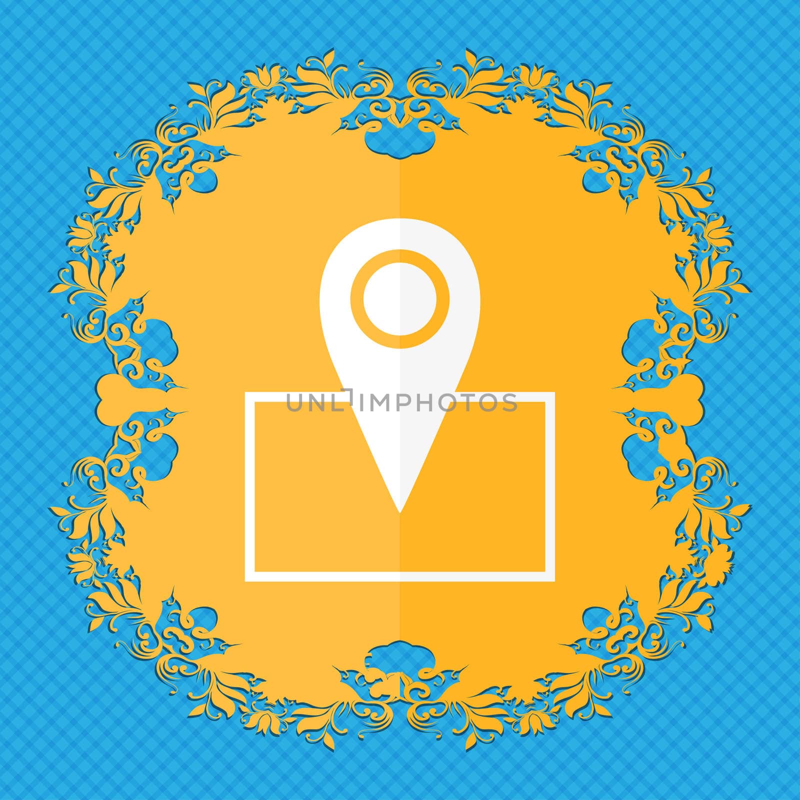 Map pointer icon sign. Floral flat design on a blue abstract background with place for your text.  by serhii_lohvyniuk