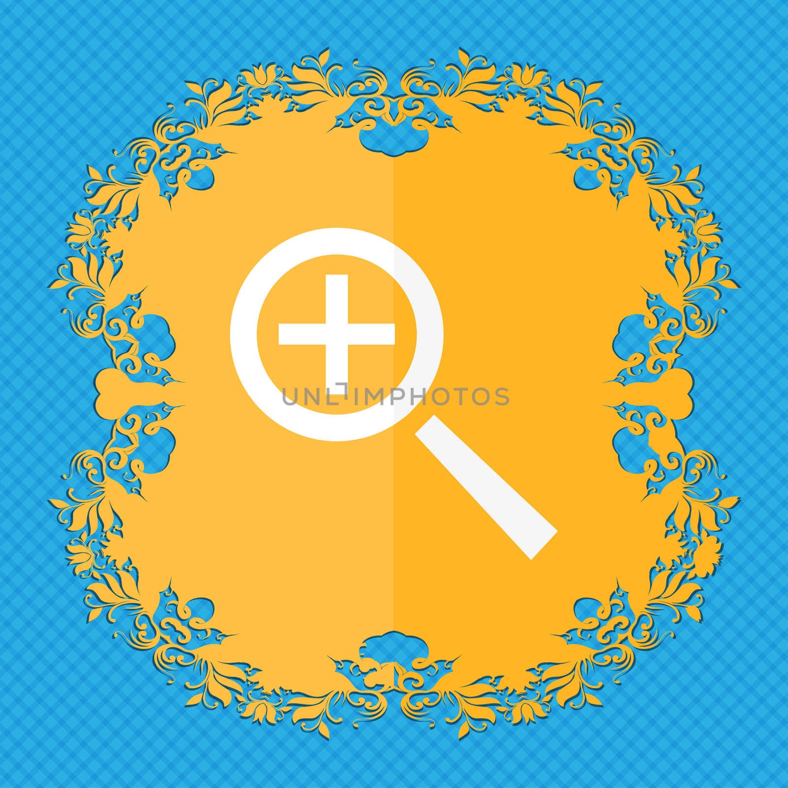 Magnifier glass, Zoom tool icon sign. Floral flat design on a blue abstract background with place for your text. illustration