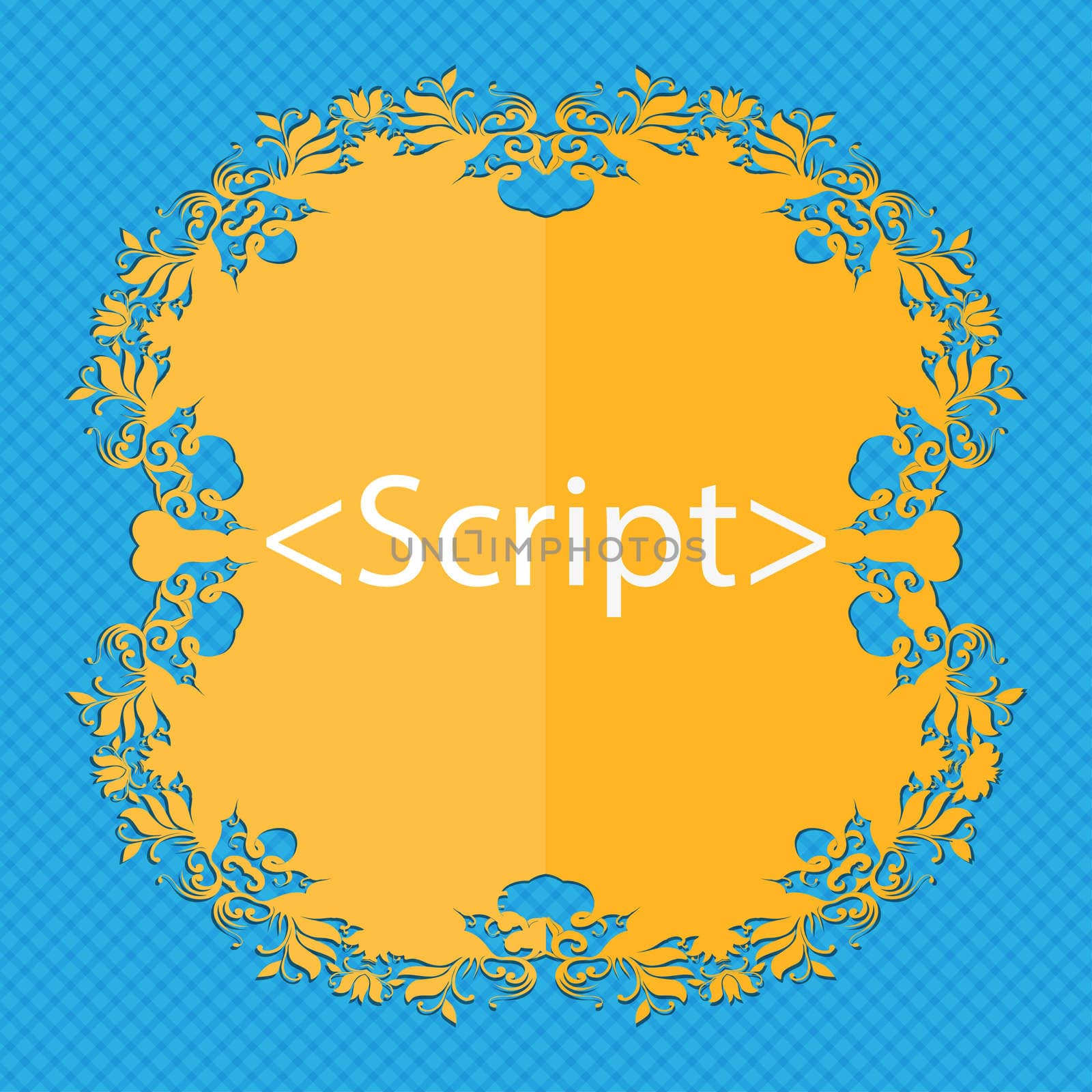 Script sign icon. Javascript code symbol. Floral flat design on a blue abstract background with place for your text. illustration