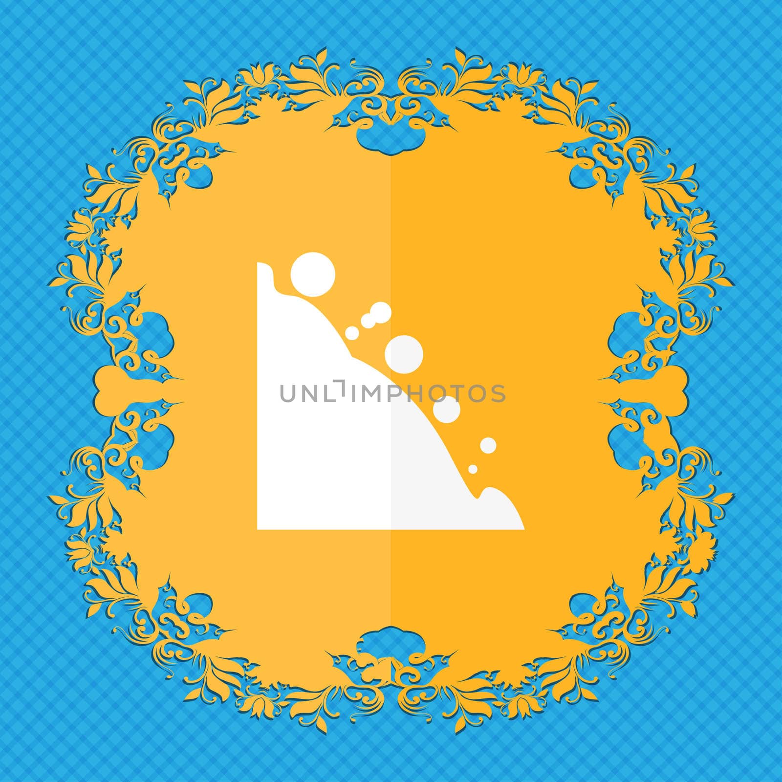 Rockfall icon. Floral flat design on a blue abstract background with place for your text.  by serhii_lohvyniuk