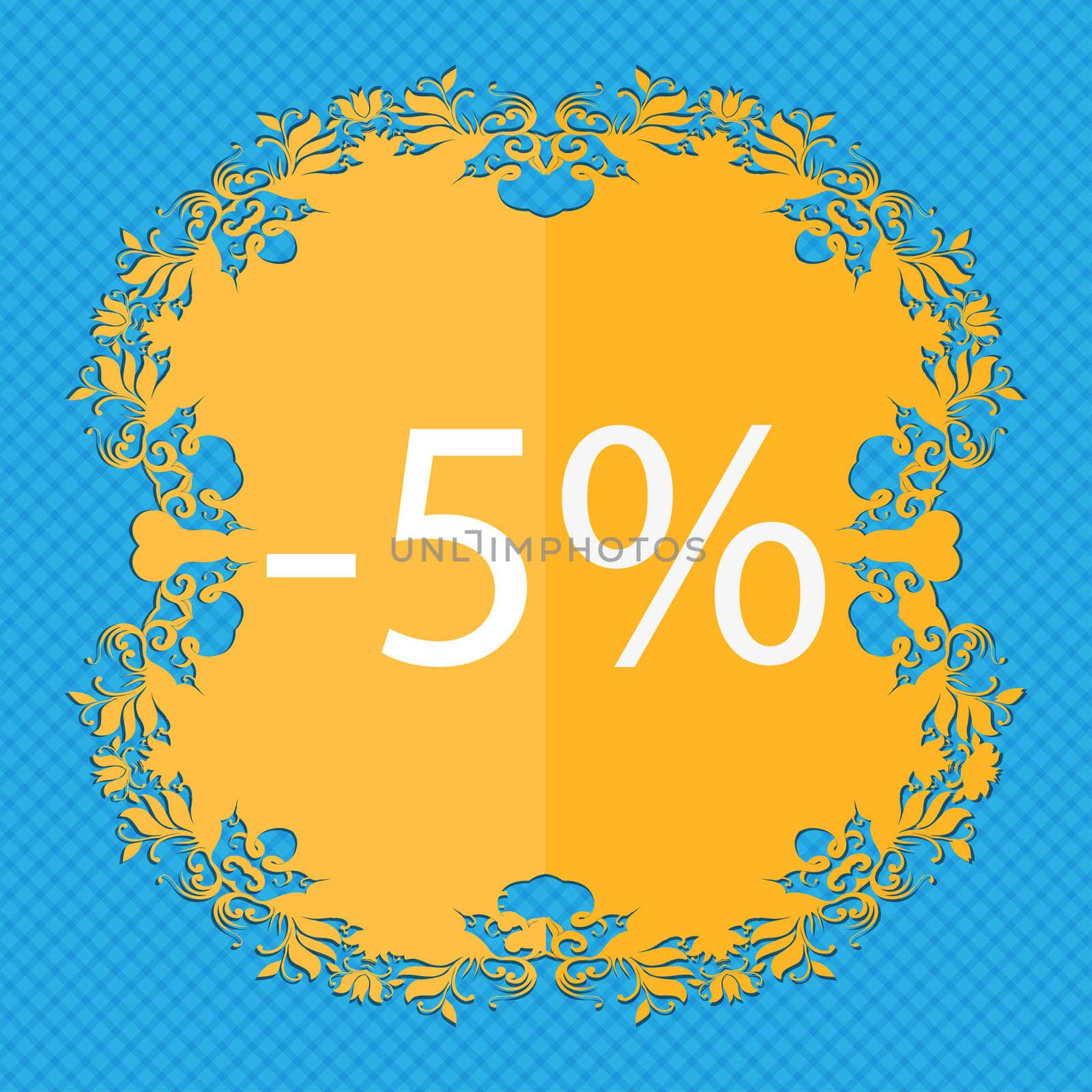 5 percent discount sign icon. Sale symbol. Special offer label. Floral flat design on a blue abstract background with place for your text. illustration