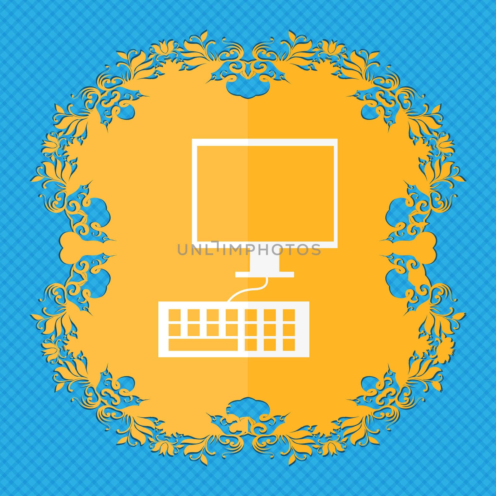 Computer monitor and keyboard Icon. Floral flat design on a blue abstract background with place for your text. illustration