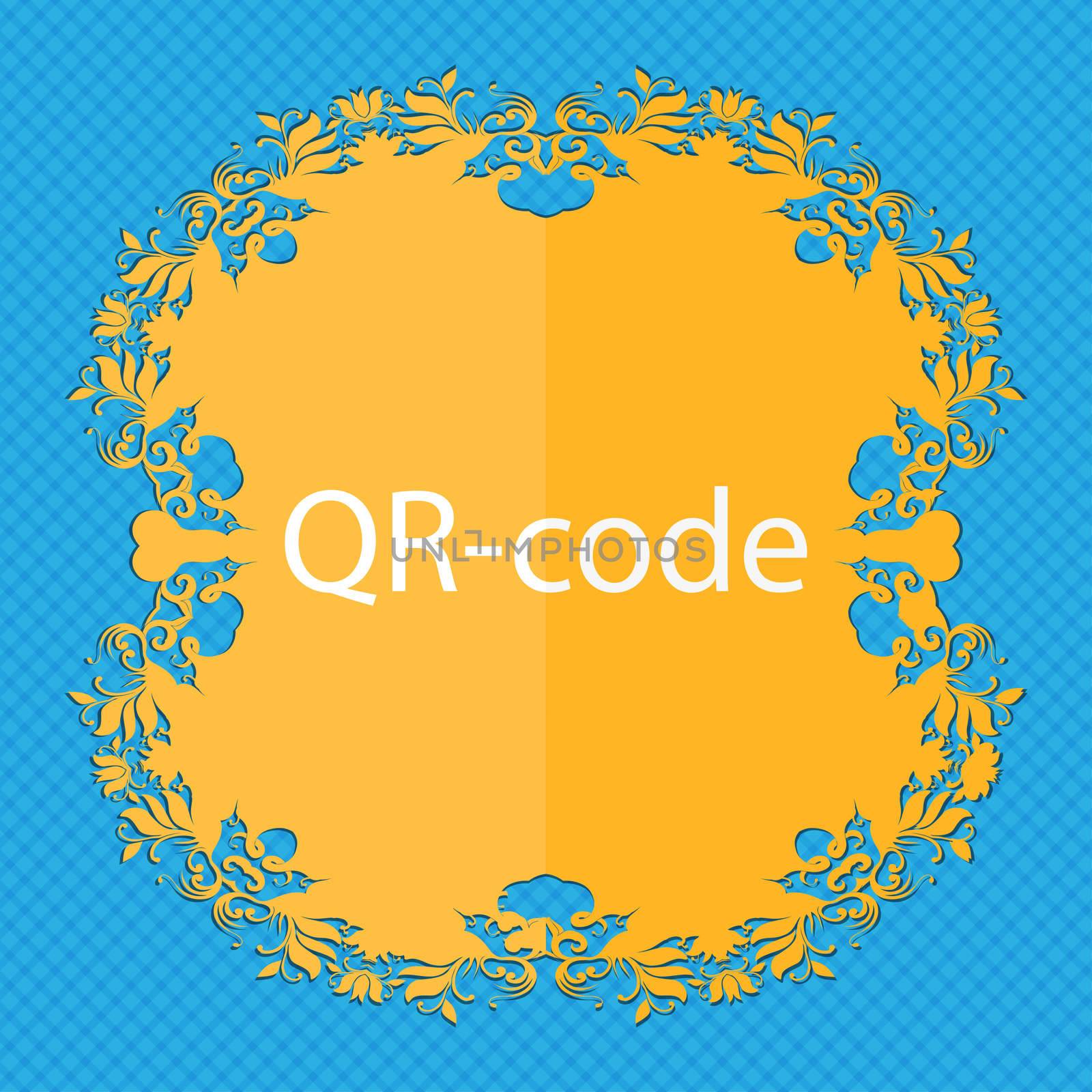 Qr code sign icon. Scan code symbol. Floral flat design on a blue abstract background with place for your text. illustration