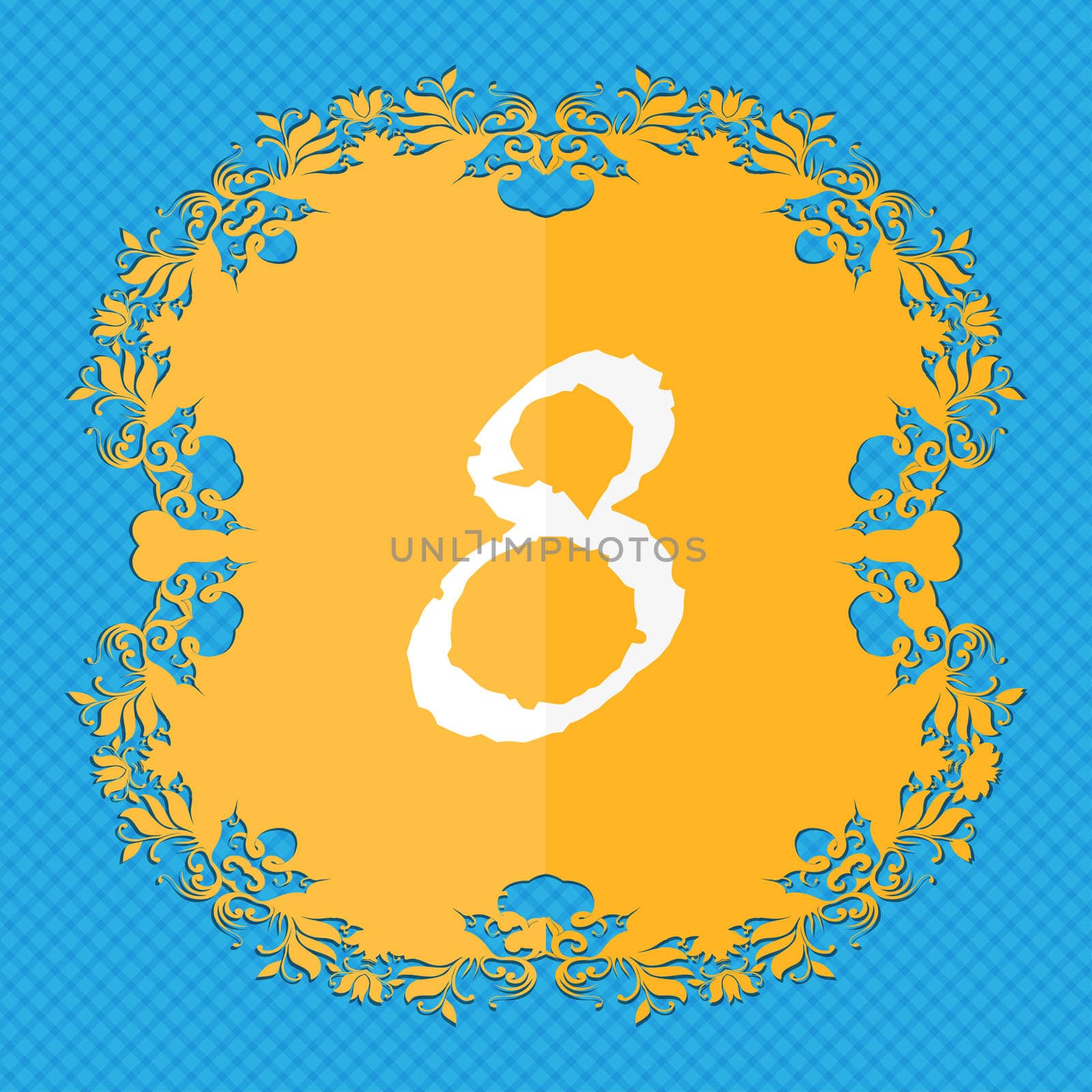 number Eight icon sign. Floral flat design on a blue abstract background with place for your text. illustration