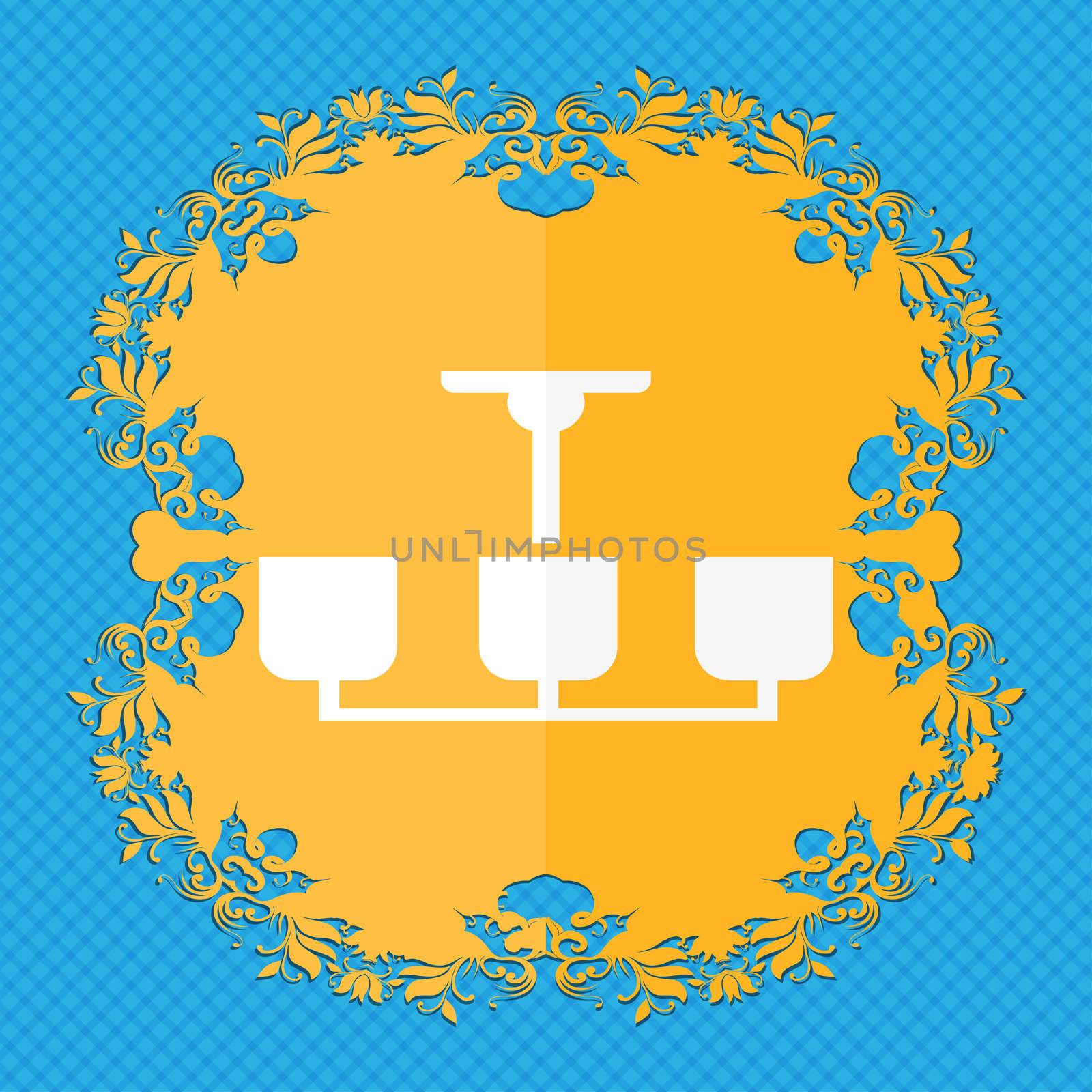 Chandelier Light Lamp icon sign. Floral flat design on a blue abstract background with place for your text.  by serhii_lohvyniuk