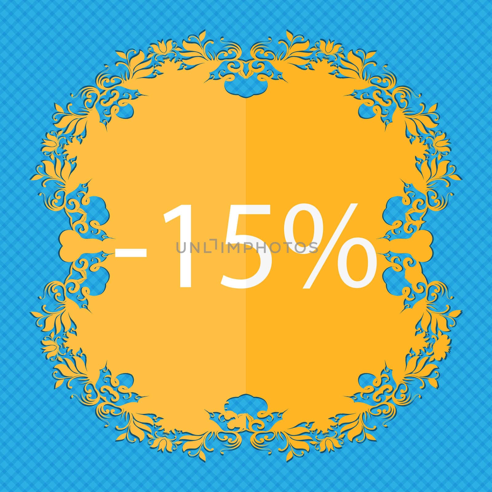 15 percent discount sign icon. Sale symbol. Special offer label. Floral flat design on a blue abstract background with place for your text.  by serhii_lohvyniuk