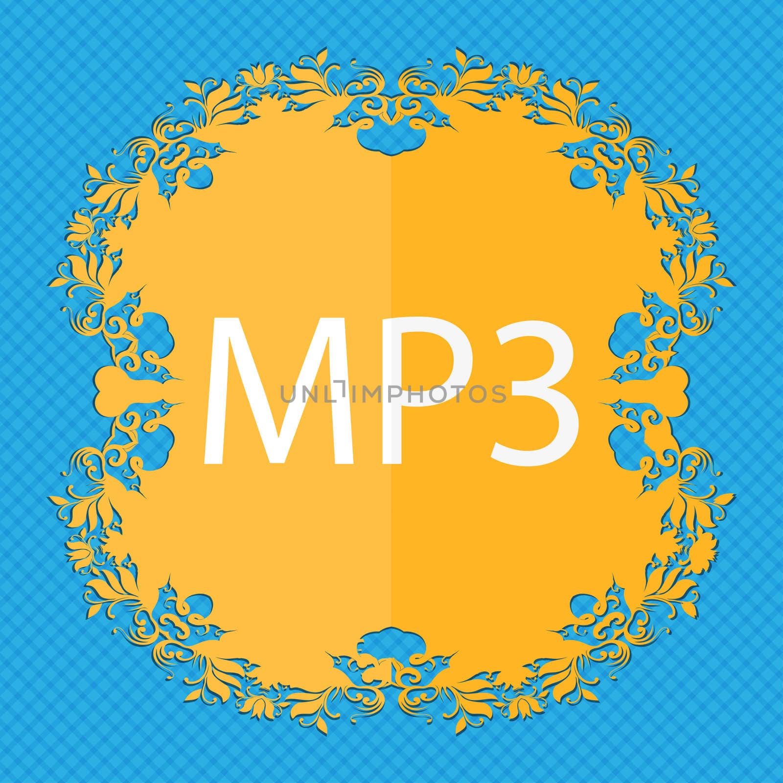 Mp3 music format sign icon. Musical symbol. Floral flat design on a blue abstract background with place for your text. illustration