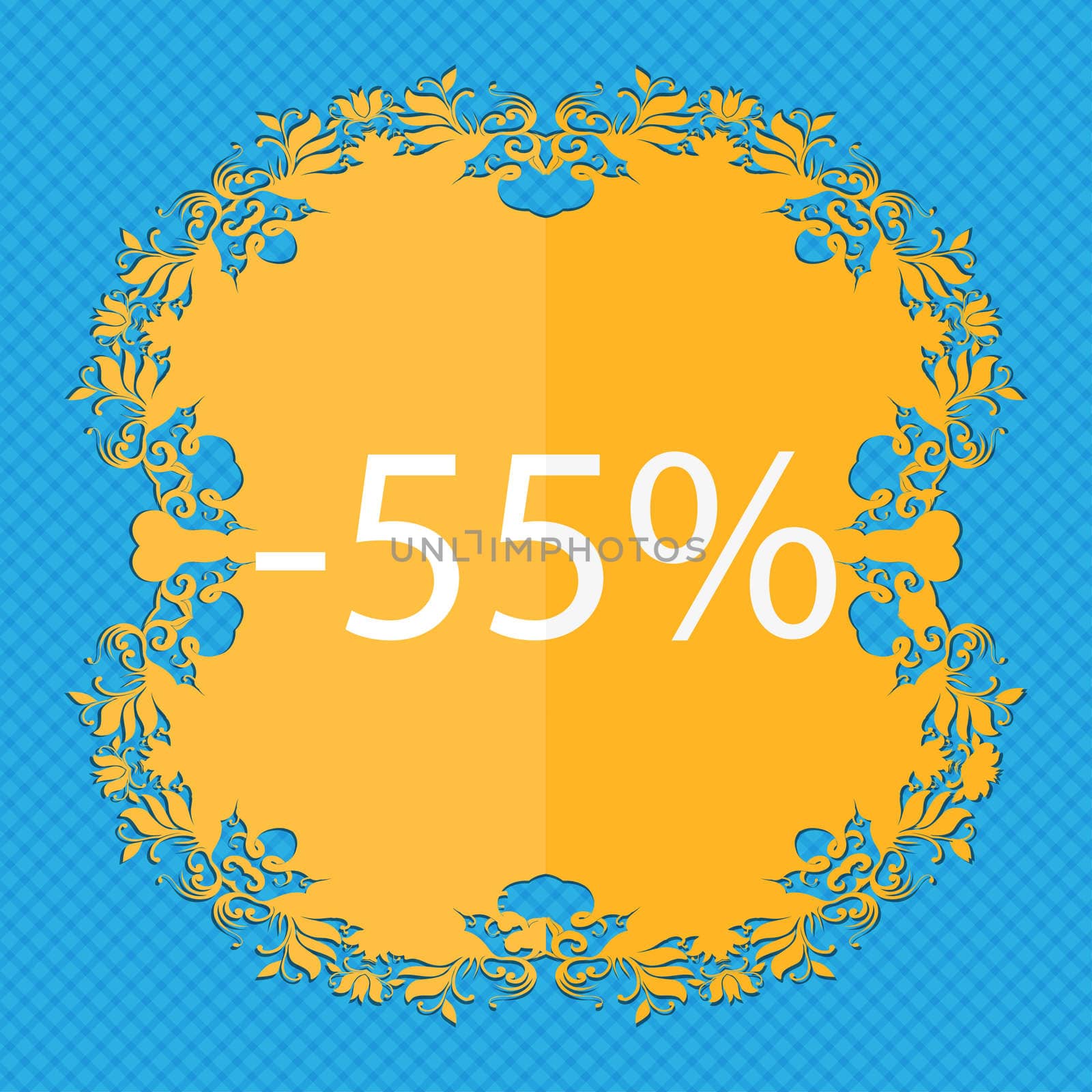 55 percent discount sign icon. Sale symbol. Special offer label. Floral flat design on a blue abstract background with place for your text.  by serhii_lohvyniuk