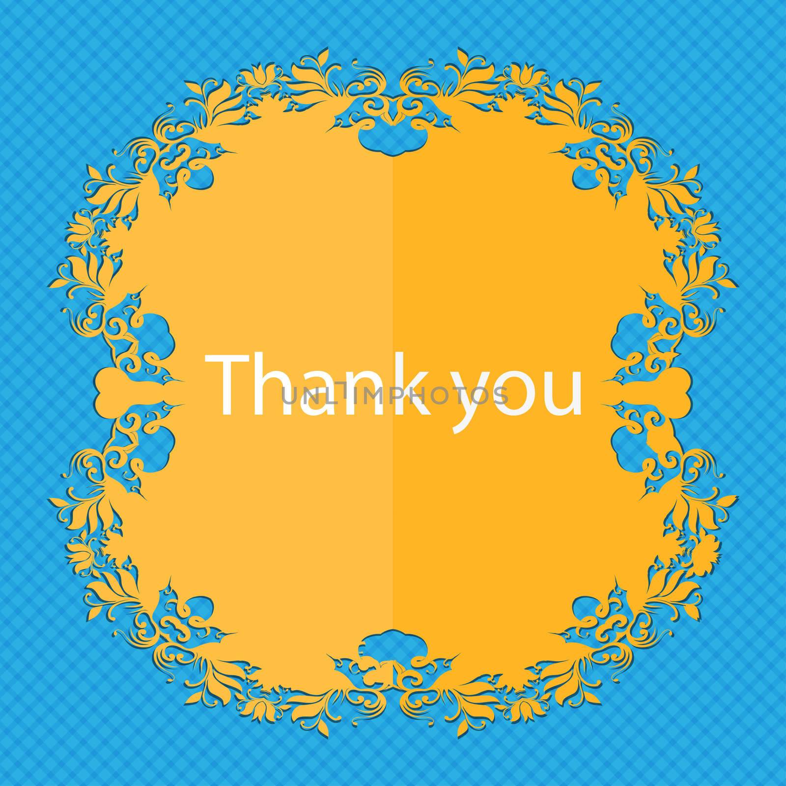 Thank you sign icon. Gratitude symbol. Floral flat design on a blue abstract background with place for your text. illustration