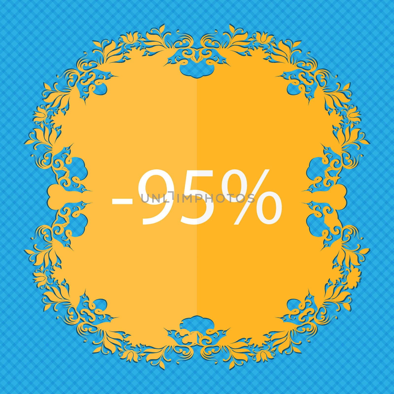 95 percent discount sign icon. Sale symbol. Special offer label. Floral flat design on a blue abstract background with place for your text.  by serhii_lohvyniuk