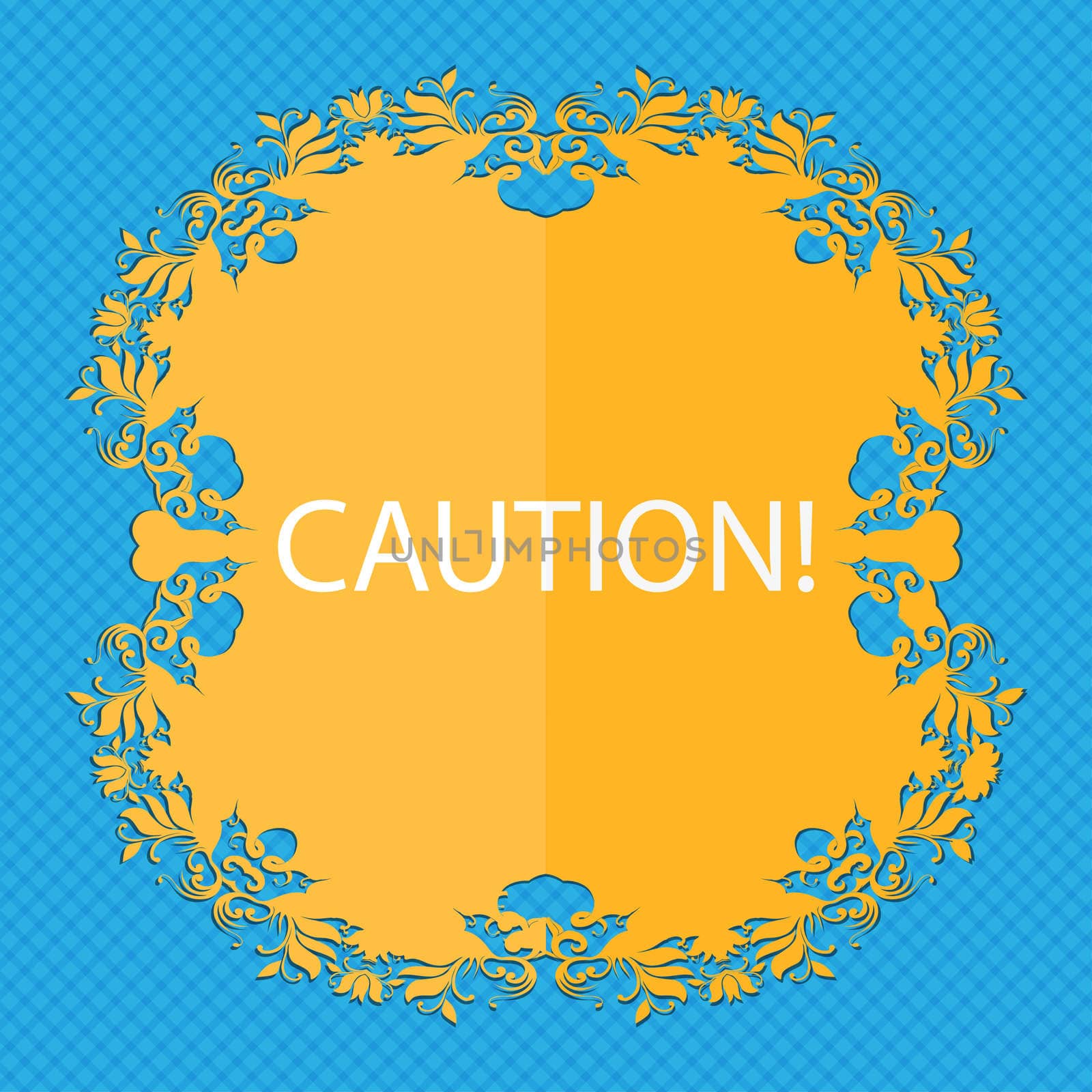 Attention caution sign icon. Exclamation mark. Hazard warning symbol. Floral flat design on a blue abstract background with place for your text. illustration