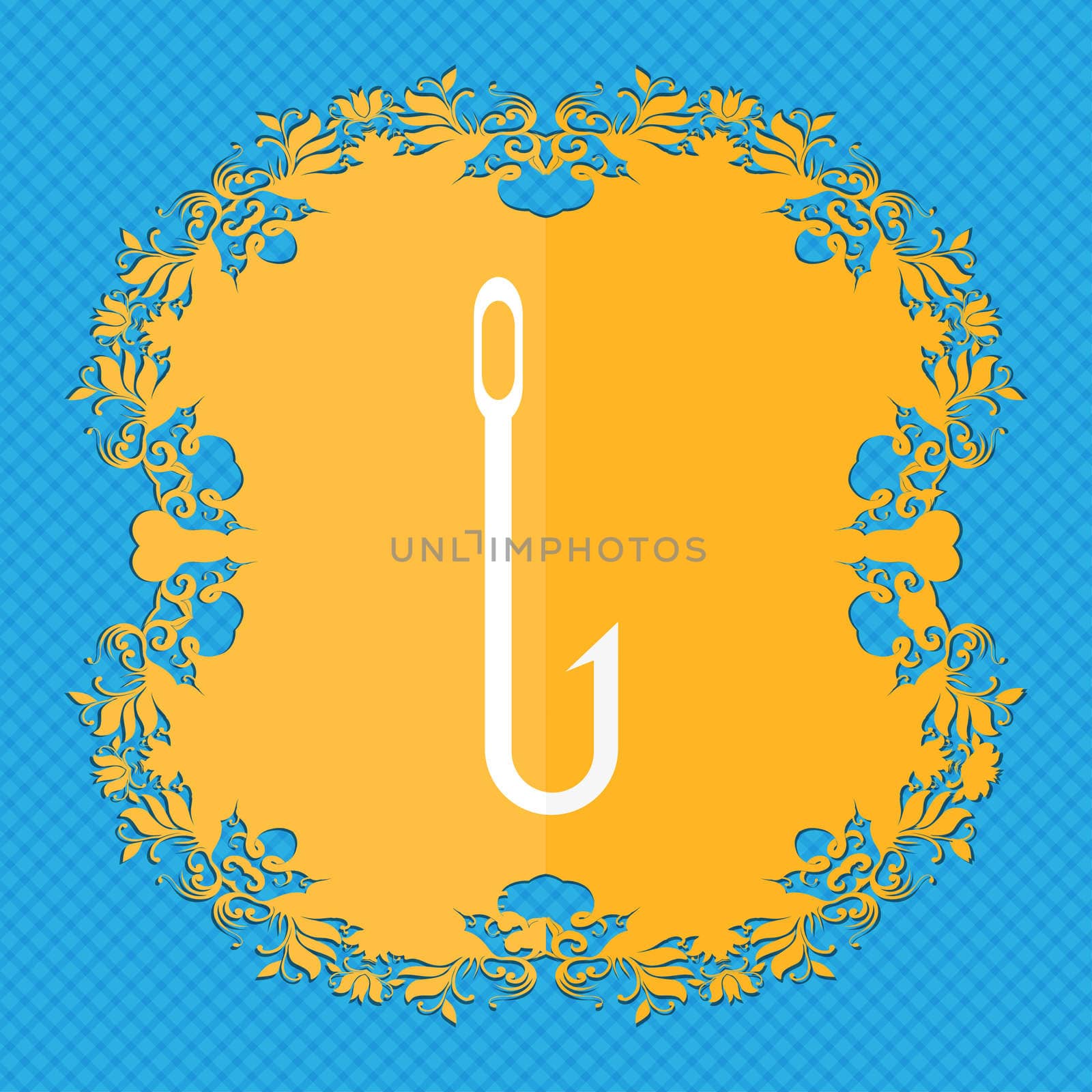 Fishing hook icon sign. Floral flat design on a blue abstract background with place for your text.  by serhii_lohvyniuk