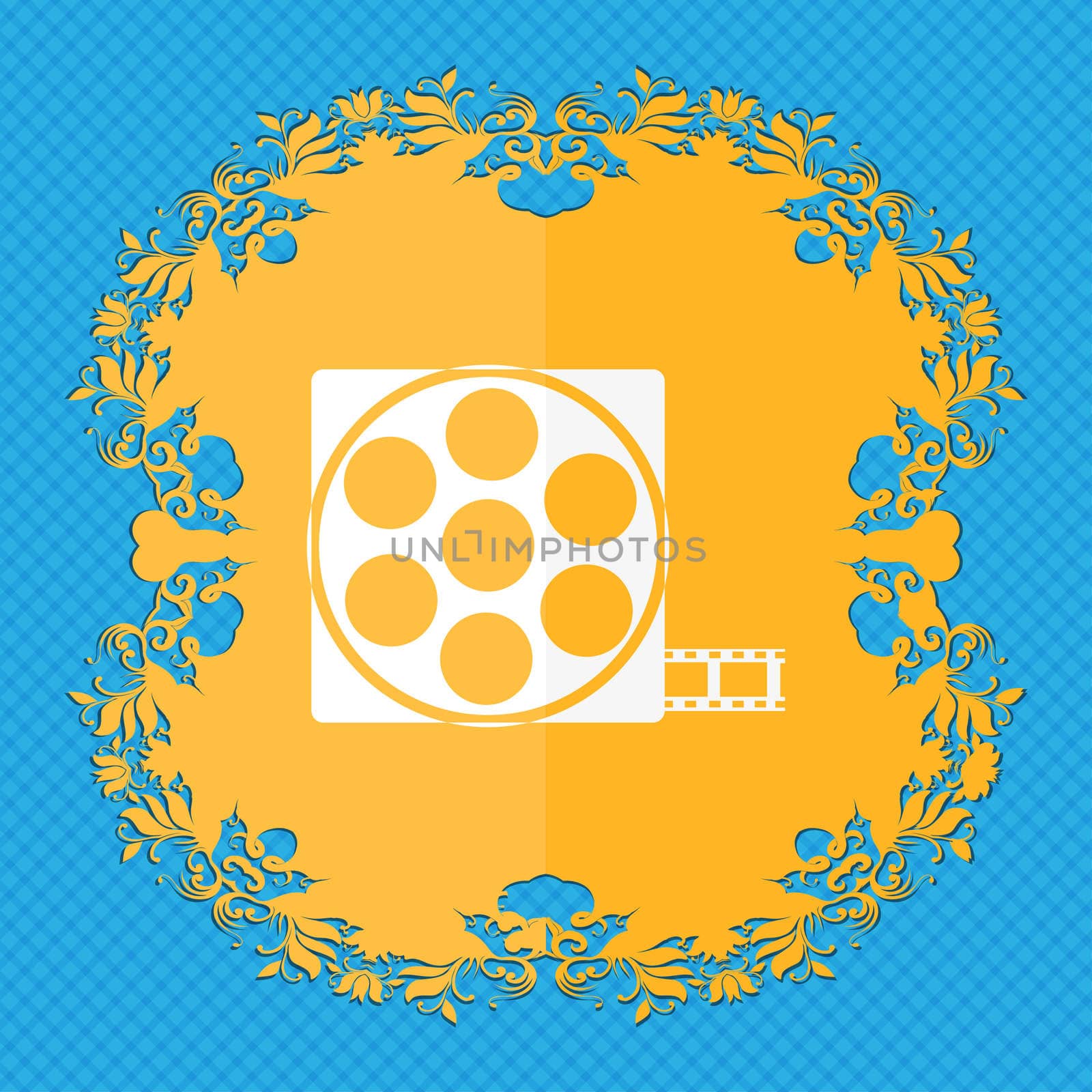 Video sign icon. frame symbol. Floral flat design on a blue abstract background with place for your text. illustration