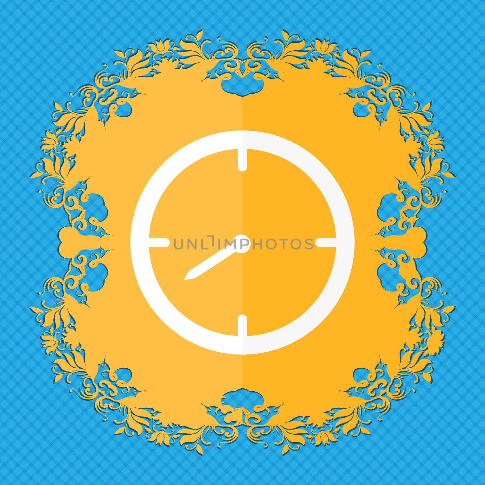 Timer sign icon. Stopwatch symbol. Floral flat design on a blue abstract background with place for your text.  by serhii_lohvyniuk