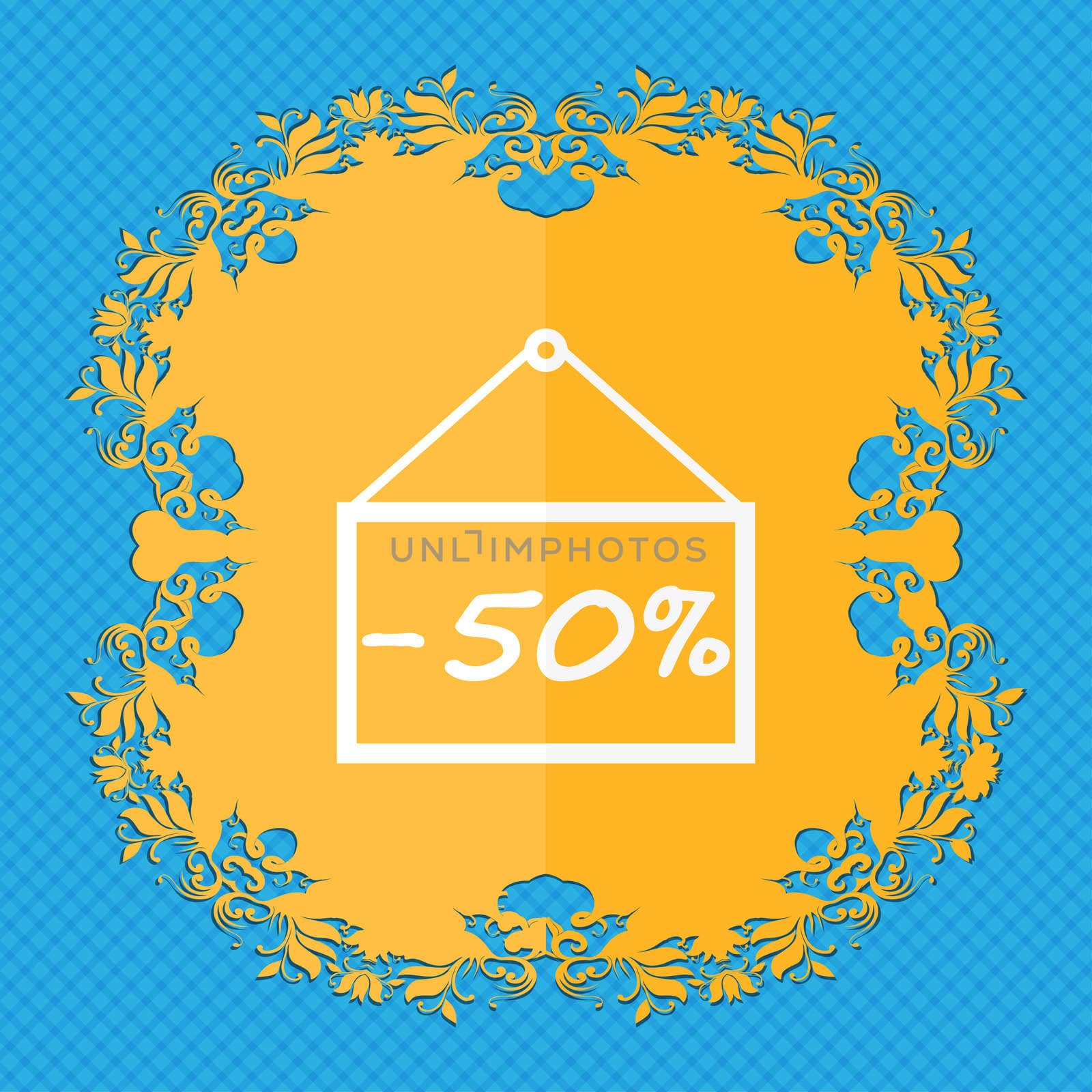 50 discount icon sign. Floral flat design on a blue abstract background with place for your text. illustration