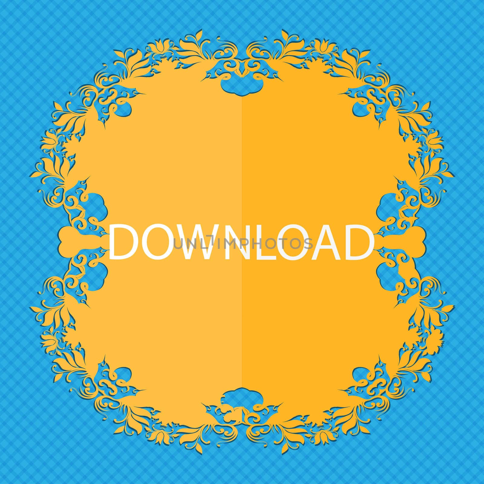 Download icon. Upload button. Load symbol. Floral flat design on a blue abstract background with place for your text. illustration