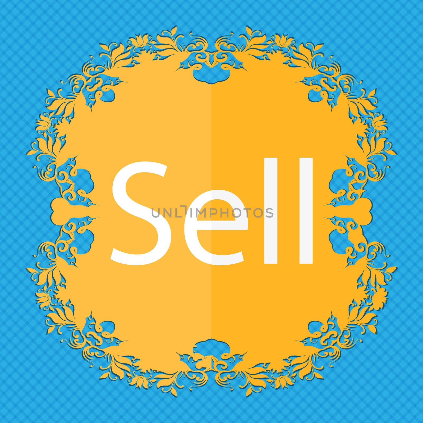 Sell sign icon. Contributor earnings button. Floral flat design on a blue abstract background with place for your text.  by serhii_lohvyniuk