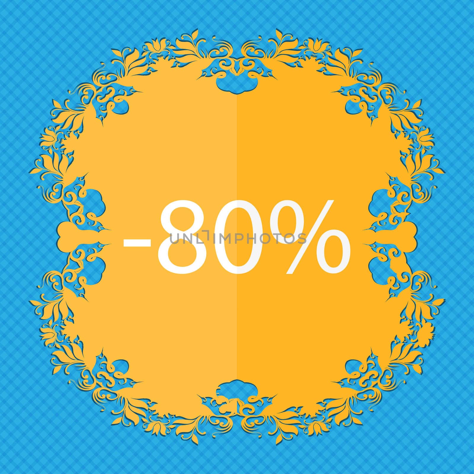 80 percent discount sign icon. Sale symbol. Special offer label. Floral flat design on a blue abstract background with place for your text.  by serhii_lohvyniuk