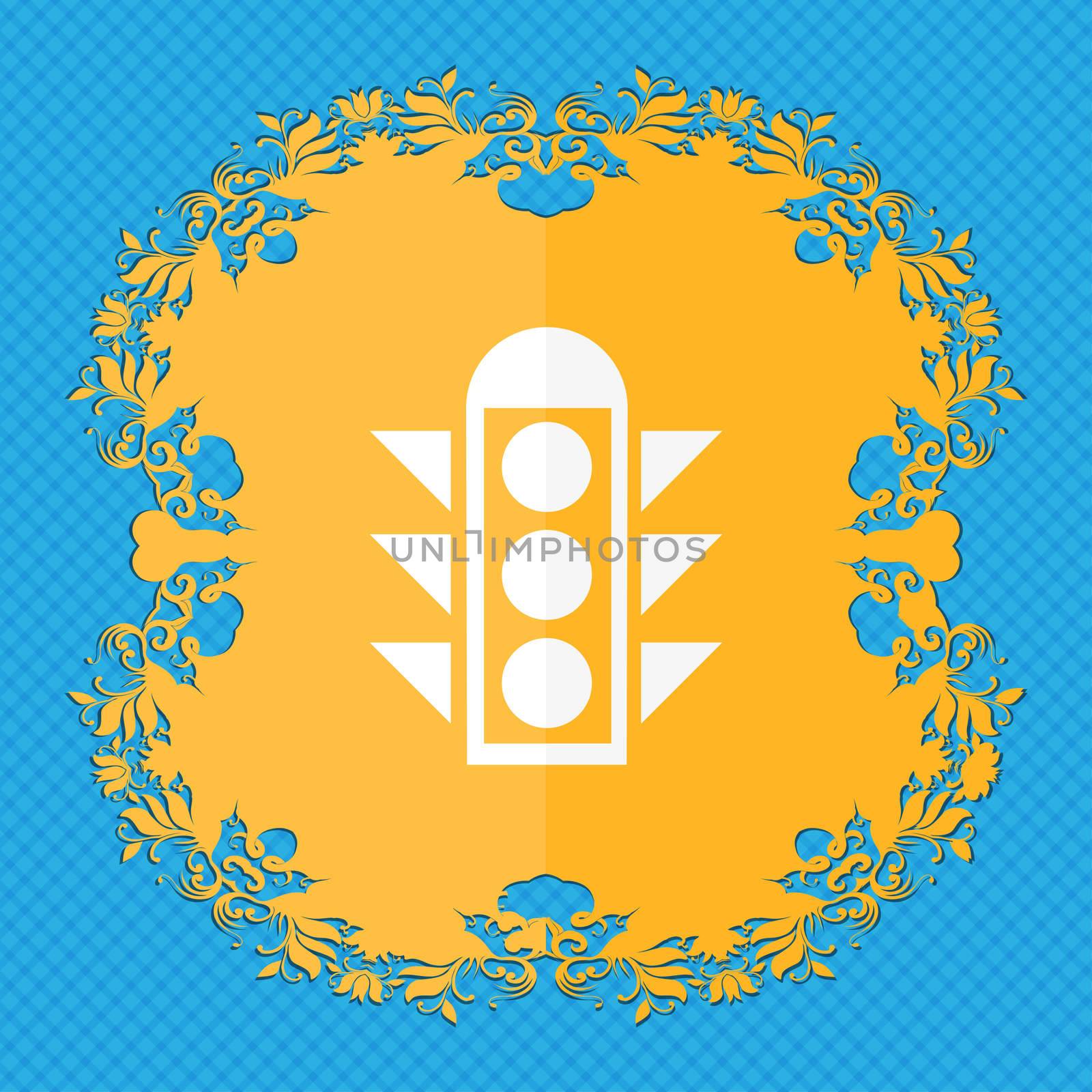 Traffic light signal icon sign. Floral flat design on a blue abstract background with place for your text.  by serhii_lohvyniuk