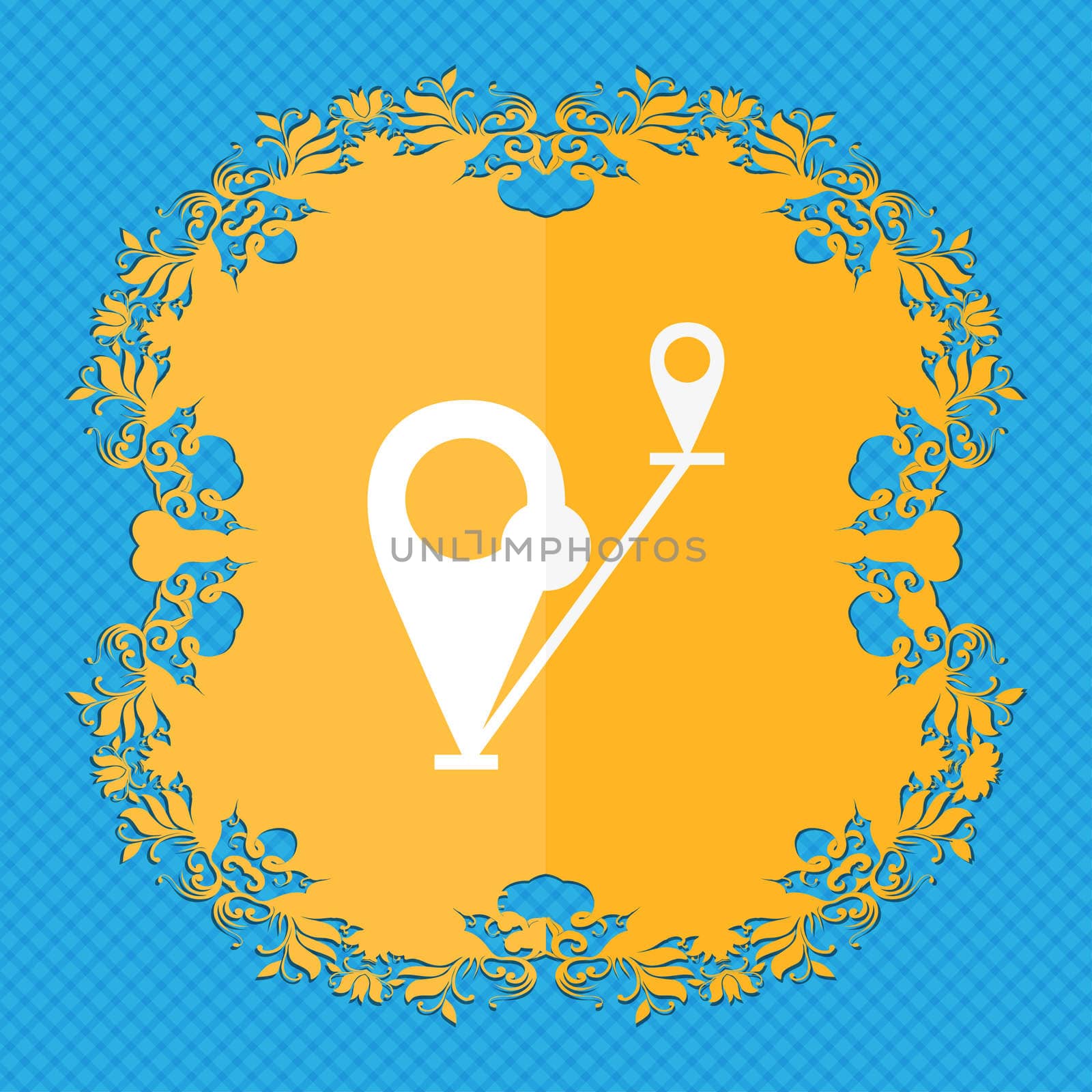 Map pointer icon sign. Floral flat design on a blue abstract background with place for your text.  by serhii_lohvyniuk